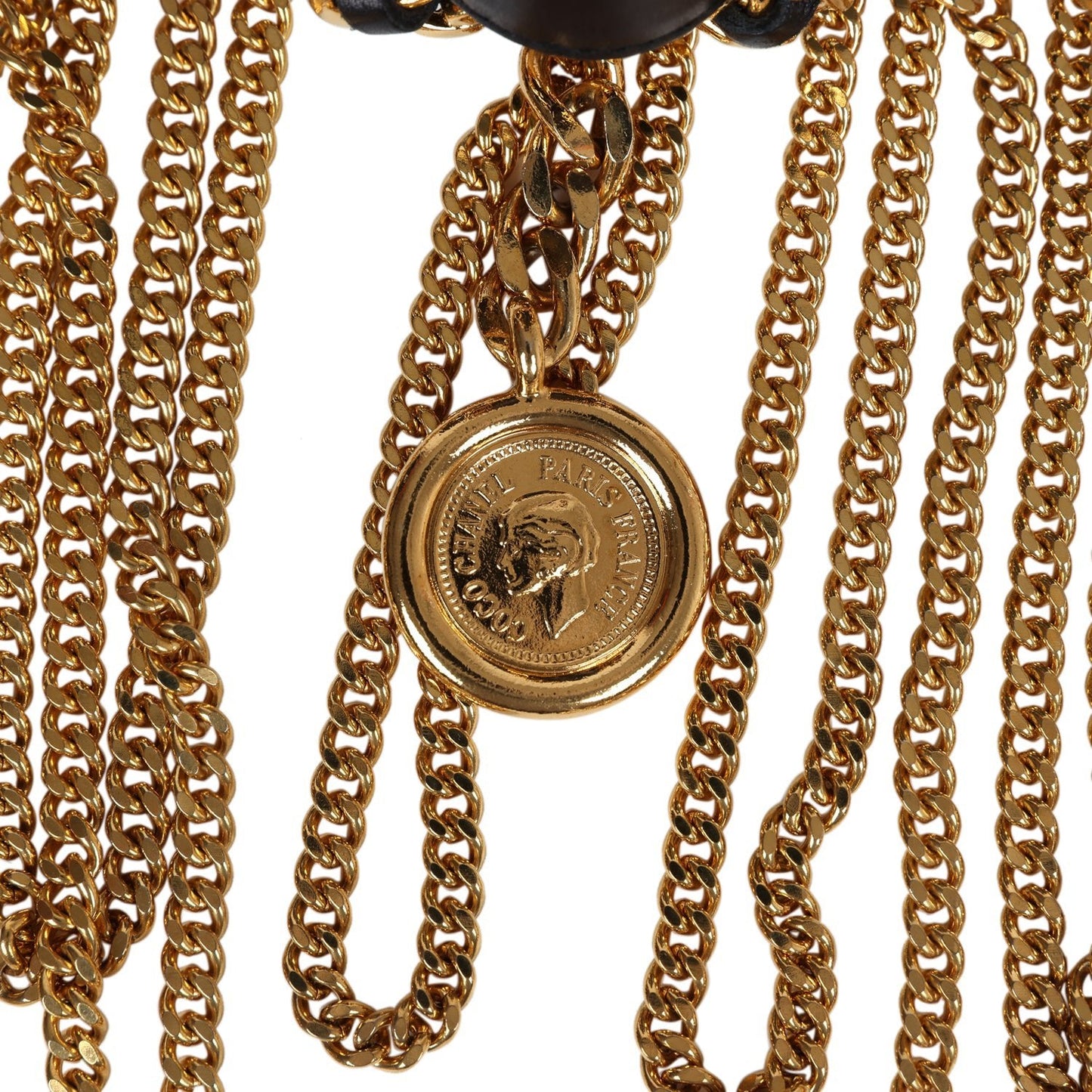 Chanel Vintage 24K Gold Plated Fringe Chain Leather Belt Black Leather