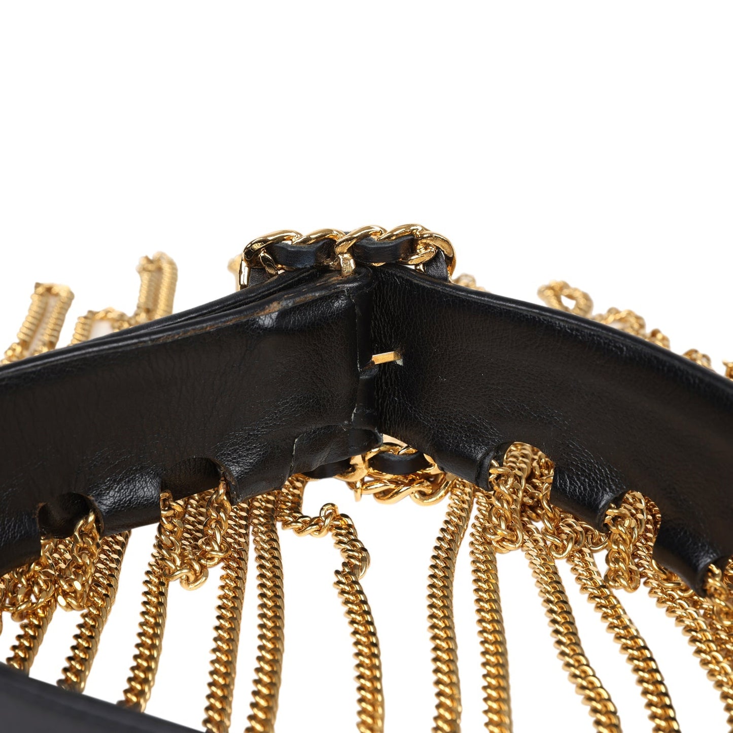 Chanel Vintage 24K Gold Plated Fringe Chain Leather Belt Black Leather