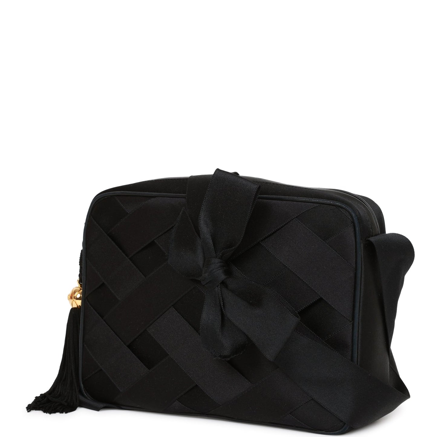 Chanel Vintage Ribbon Camera Bag Black Satin Gold Hardware