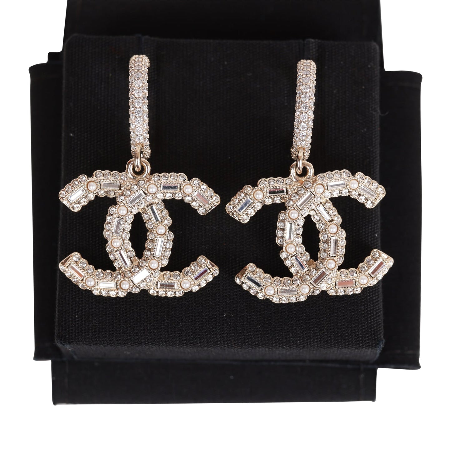 Chanel Gold Crystal CC Hoop Drop Earrings
