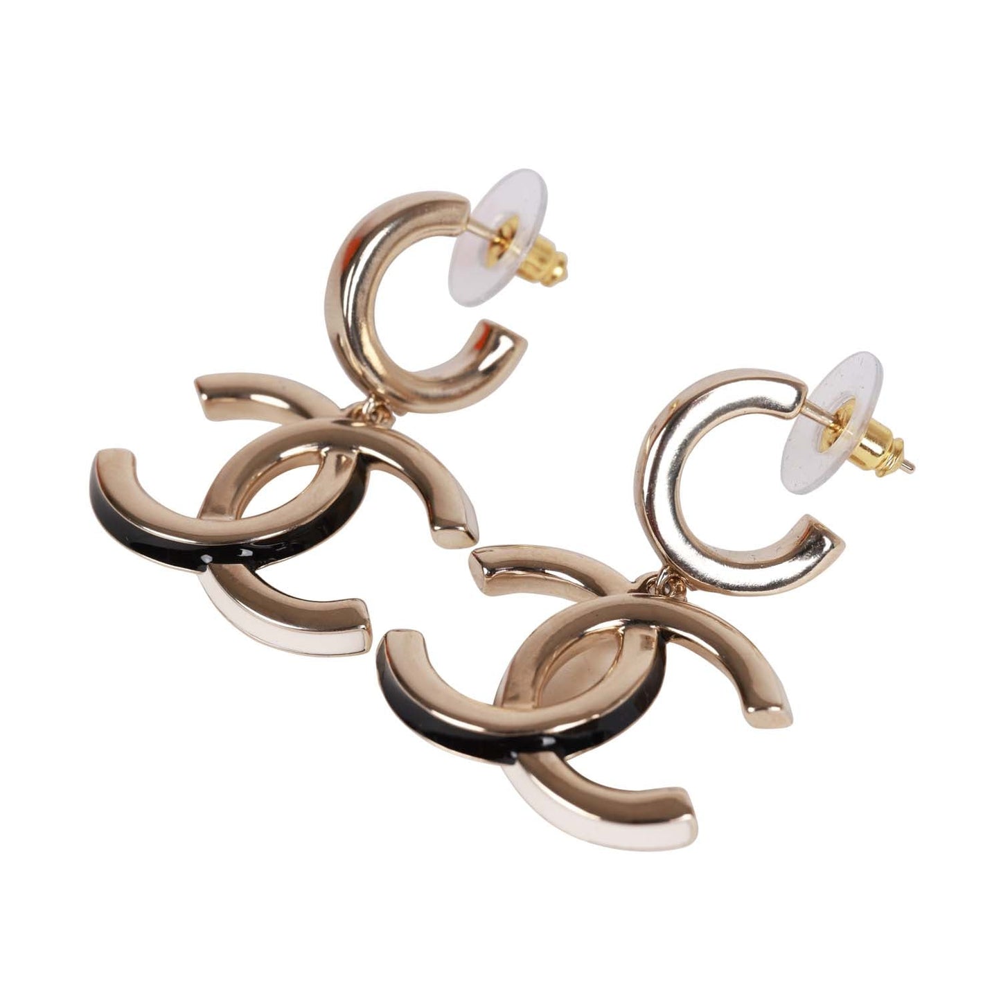 Chanel Gold, Black and White CC Hoop Earrings
