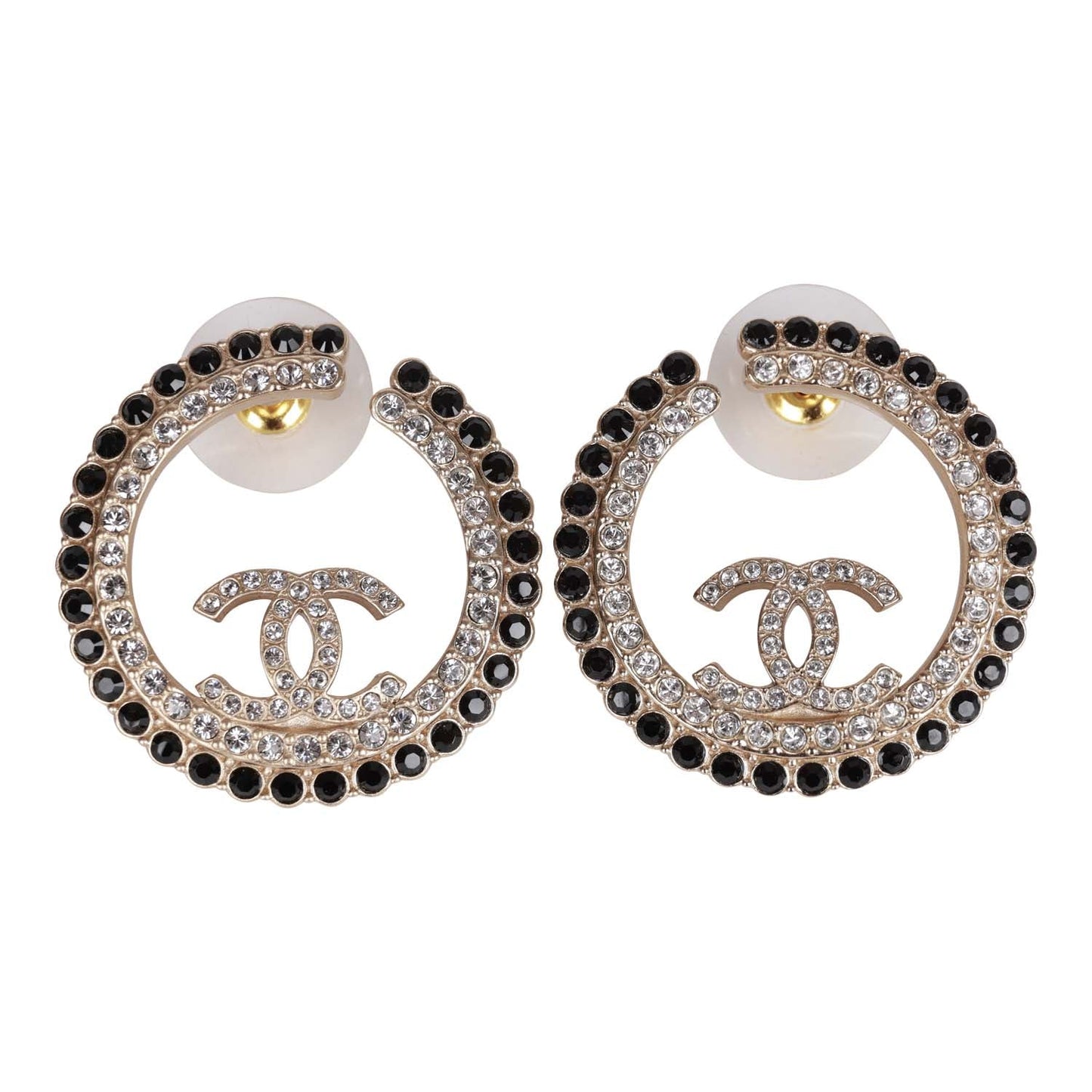 Chanel Gold, Black and Crystal CC Hoop Earrings