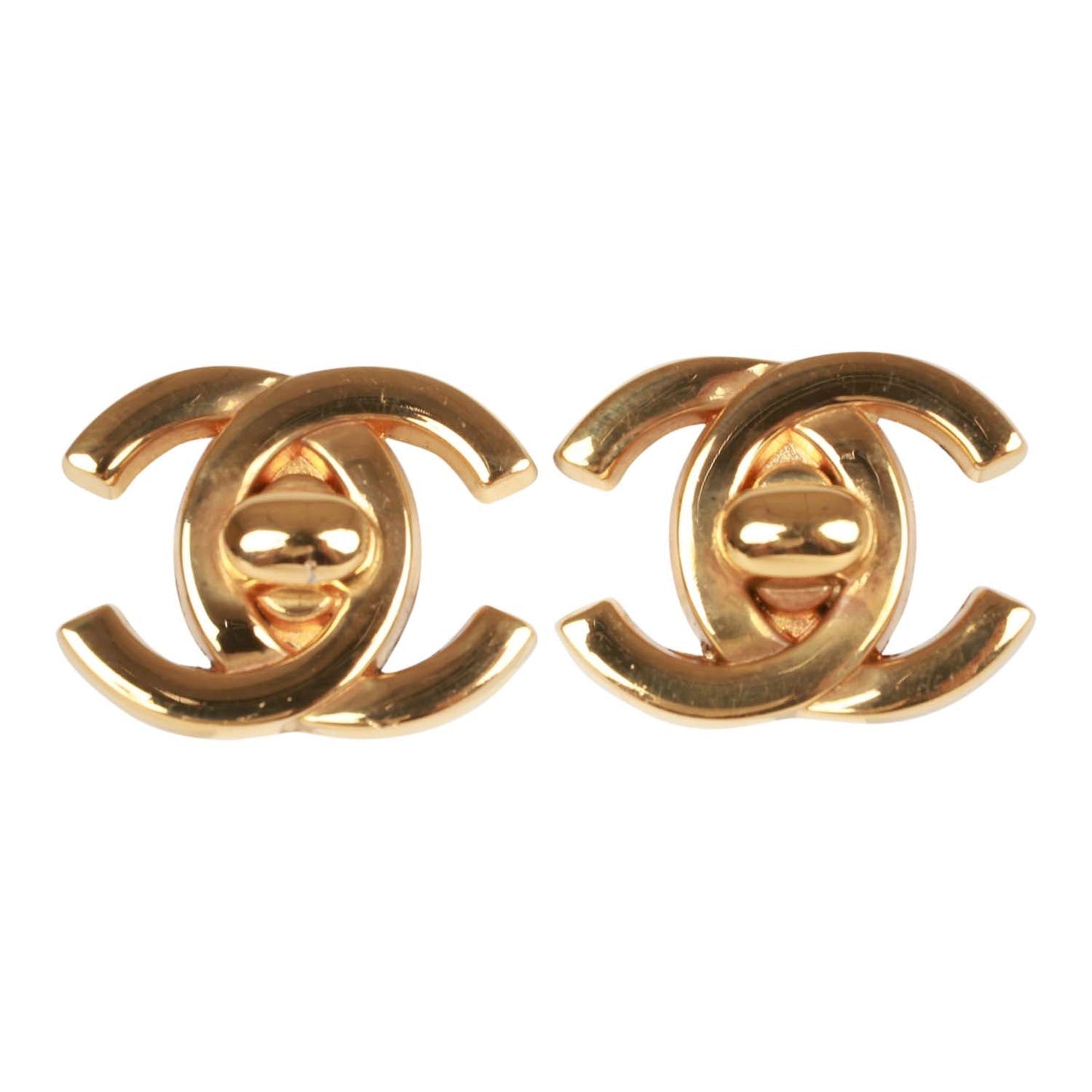 Chanel Vintage 24K Gold Plated Iconic CC Turn Lock Clip Earrings