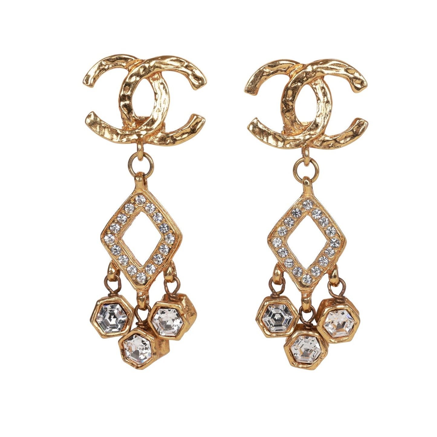 Chanel Vintage 24K Gold Plated Textured CC and Rhinestone Chandelier Clip Earrings