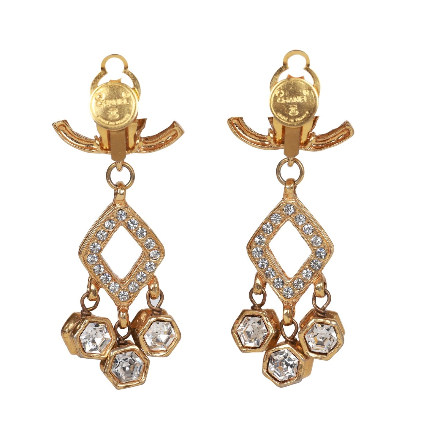 Chanel Vintage 24K Gold Plated Textured CC and Rhinestone Chandelier Clip Earrings