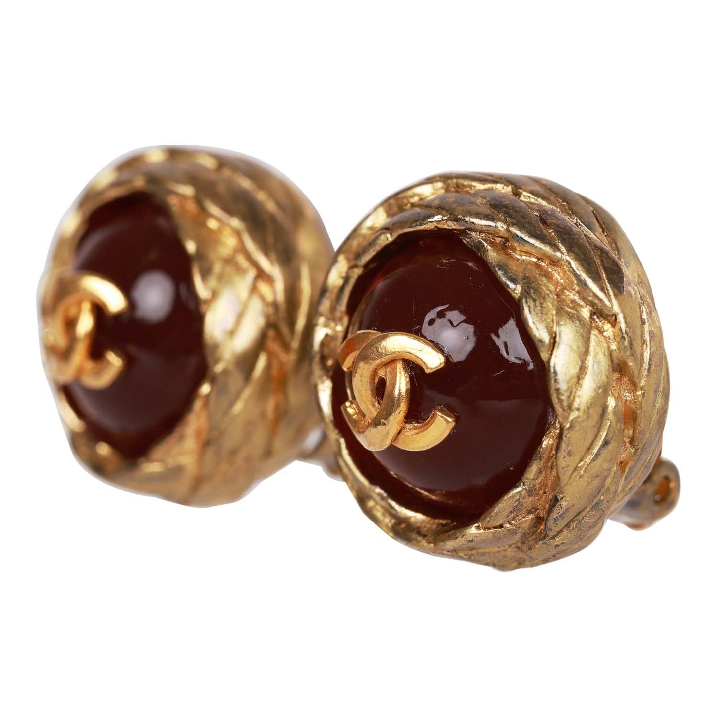 Chanel Vintage 24K Gold Plated CC Red Gripoix Stud Earrings