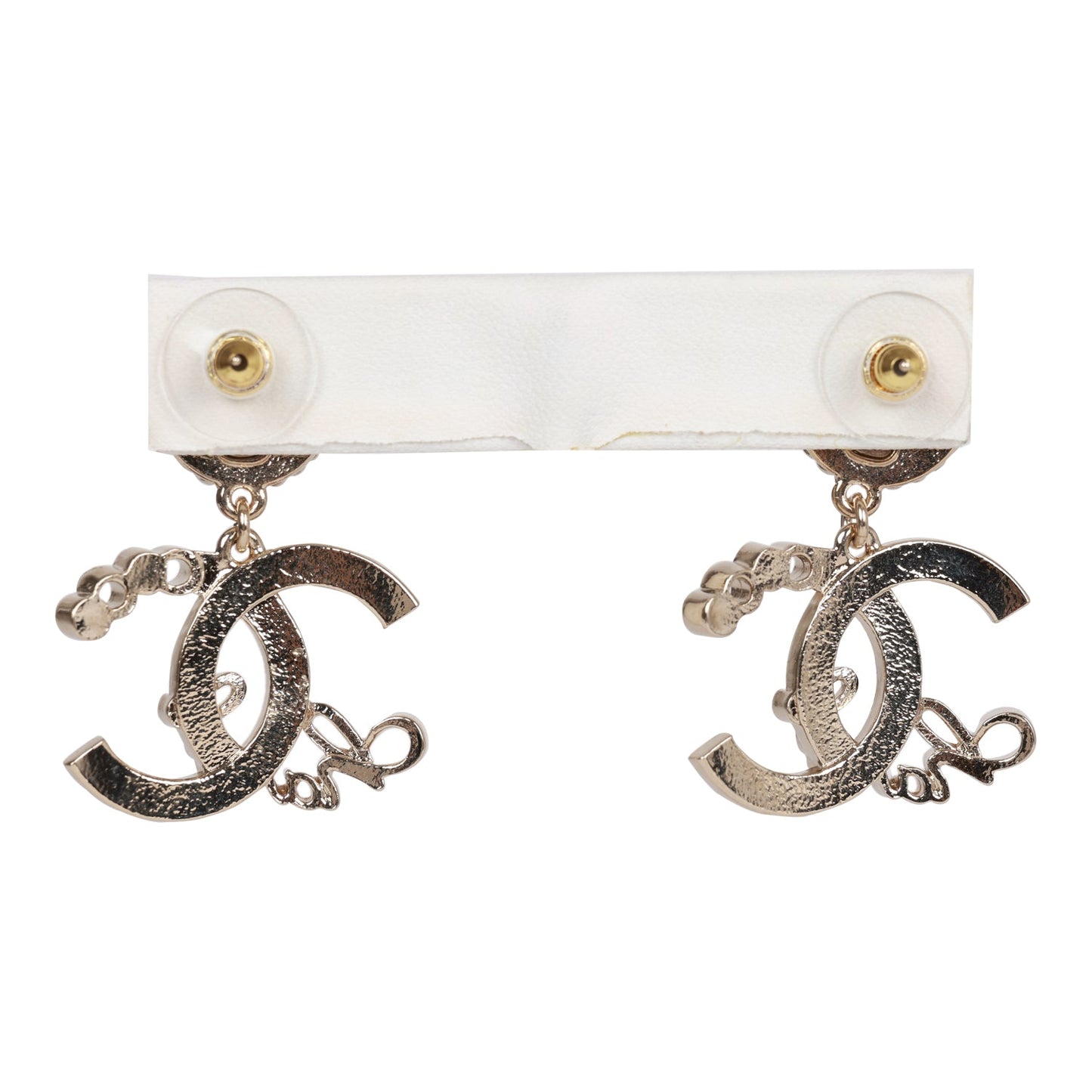 Chanel Light Gold Faux Pearl Crystal Coco Script CC Drop Earrings