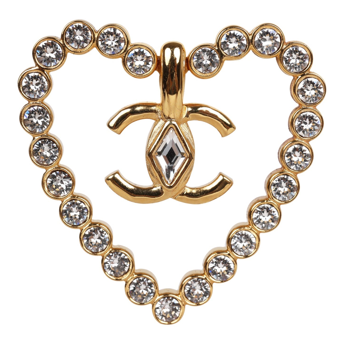 Chanel Heart Shaped Rhinestone Earrings With Gold Metal CC Drop