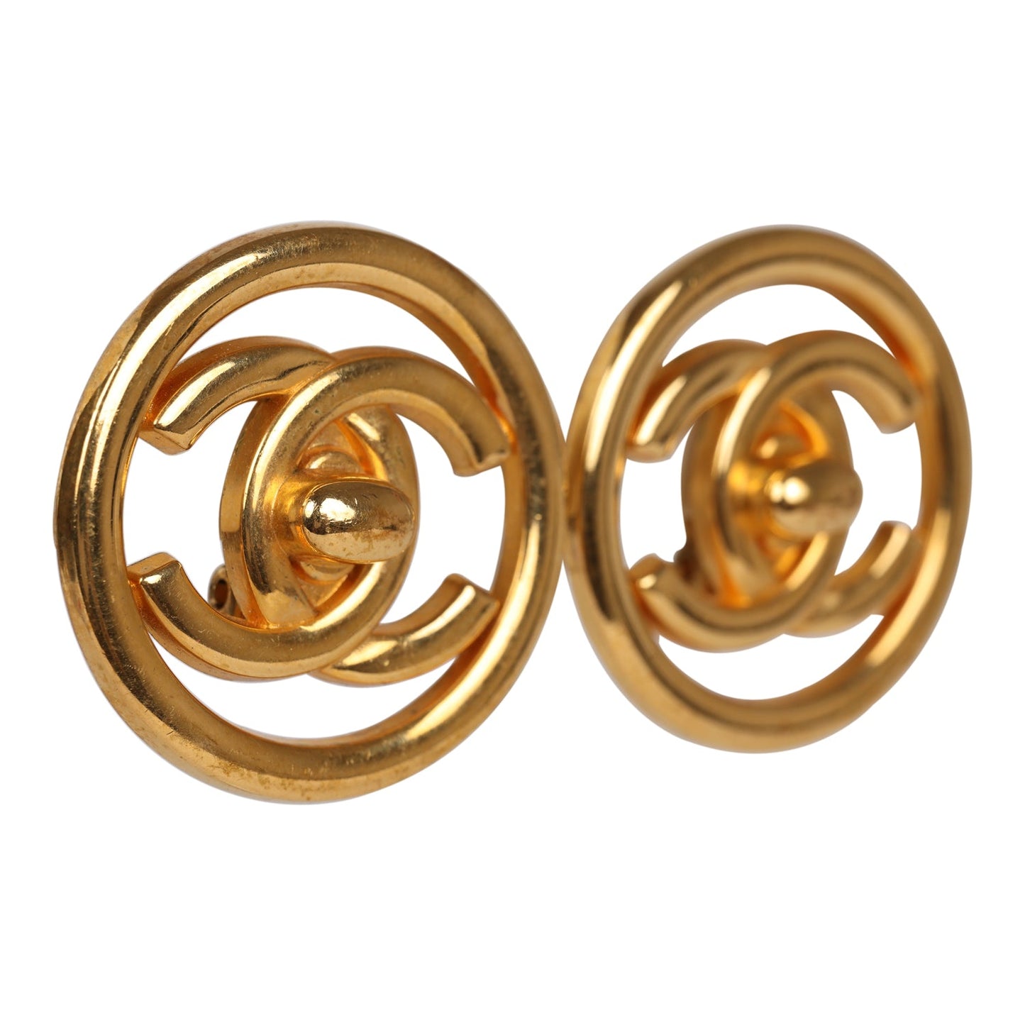 Chanel Vintage 24K Gold Plated CC Circle Turnlock Earrings