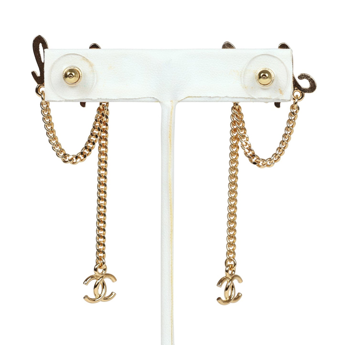 Chanel Logo Drop Chain Earrings Gold Metal