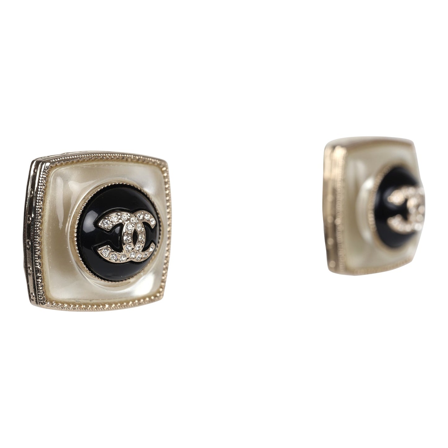Chanel Crystal CC Square Pearl Stud Earrings Light Gold Hardware