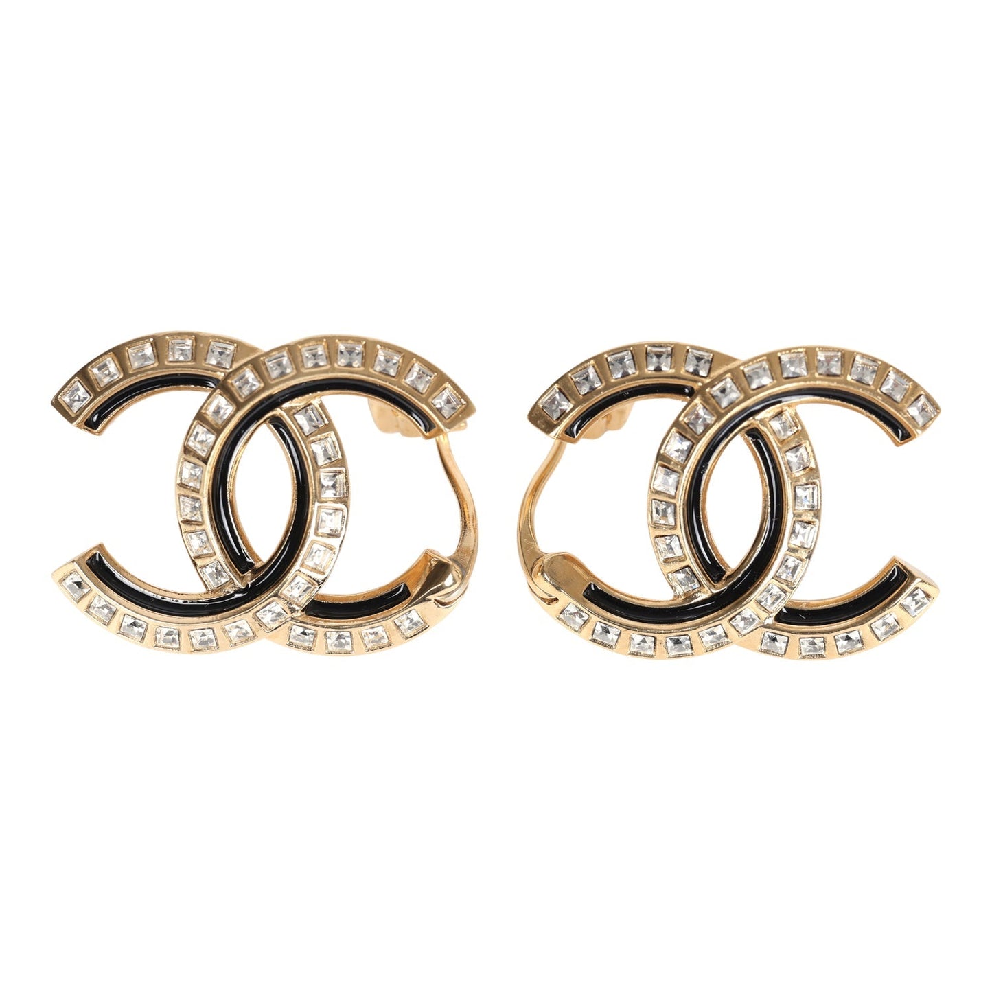 Chanel Crystal CC Earrings Black Enamel & Gold Hardware