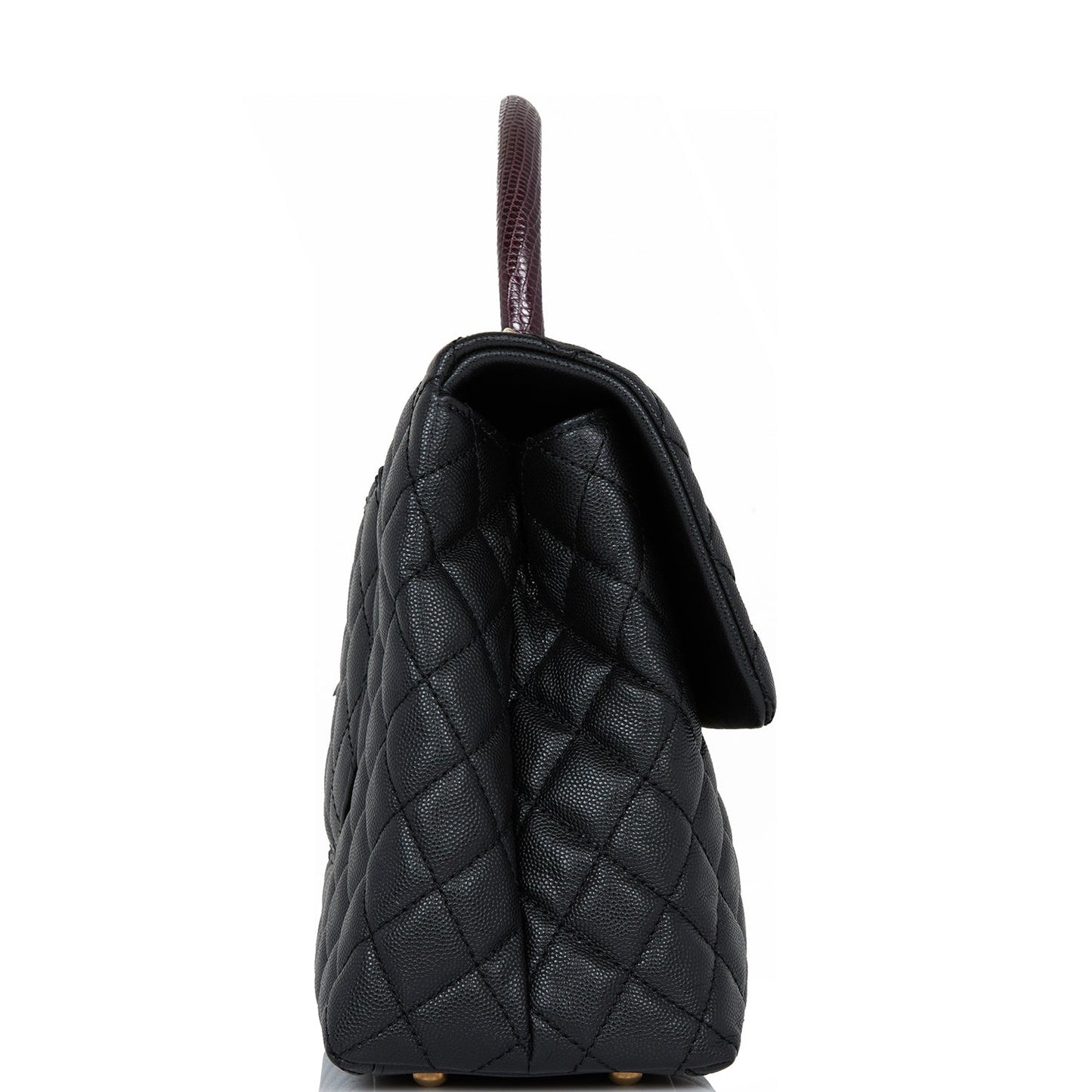 Chanel Large Coco Handle Flap Bag Black Caviar Lizard Handle Antique Gold Hardware