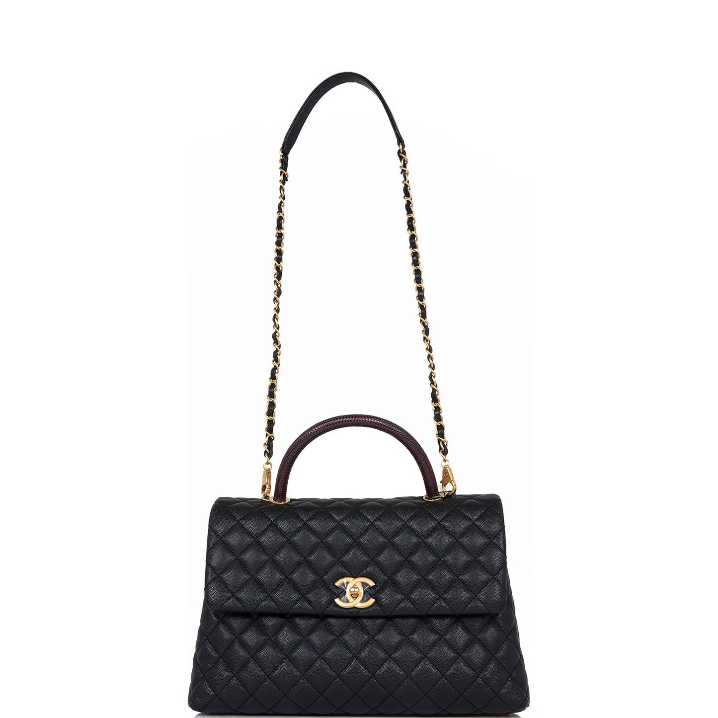 Chanel Large Coco Handle Flap Bag Black Caviar Lizard Handle Antique Gold Hardware