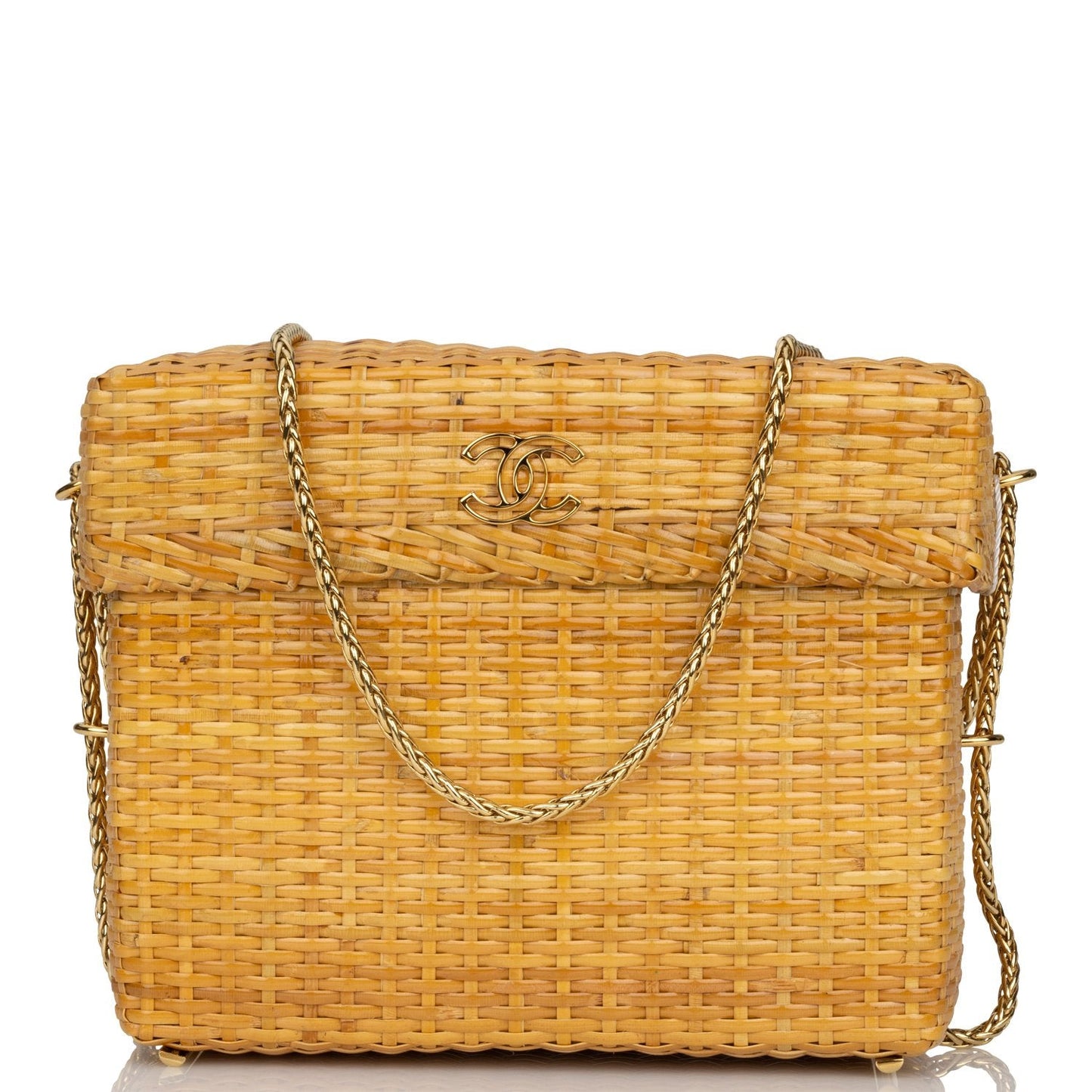 Chanel Vintage Small Picnic Basket Bag Natural Wicker Gold Hardware