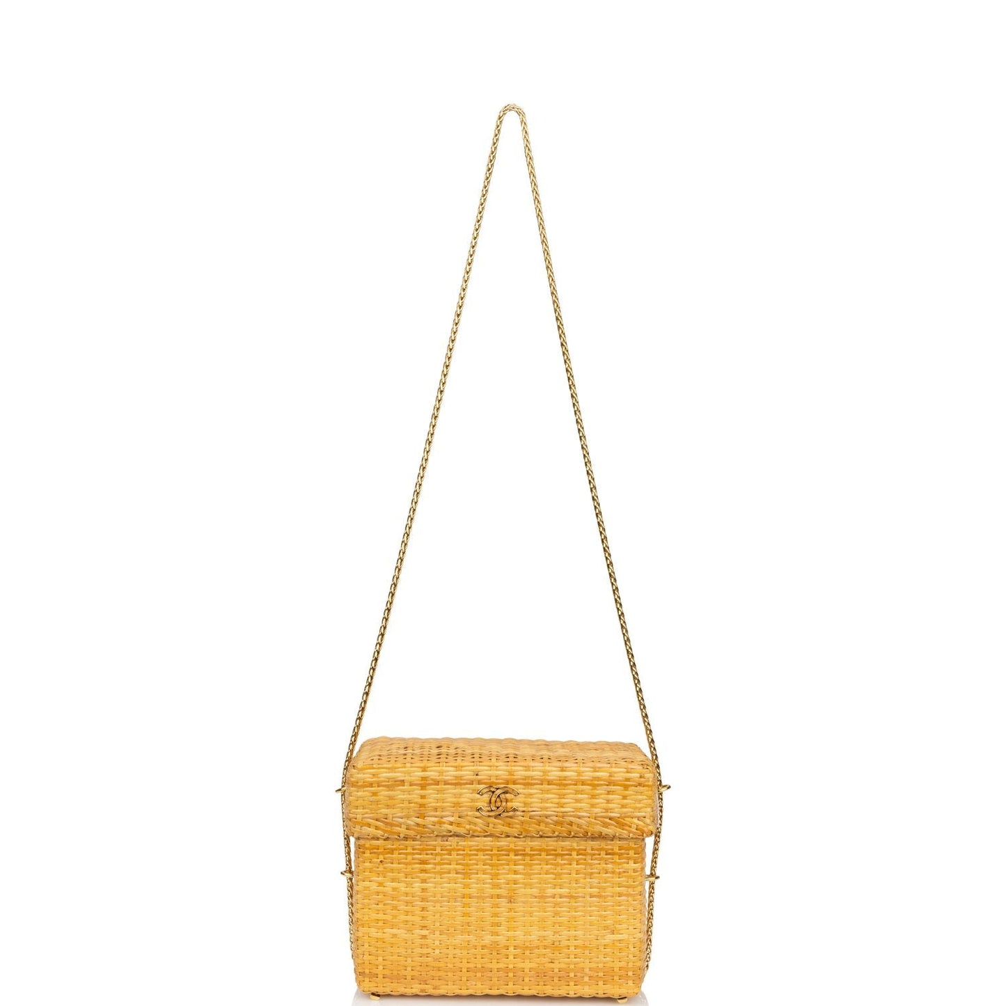 Chanel Vintage Small Picnic Basket Bag Natural Wicker Gold Hardware