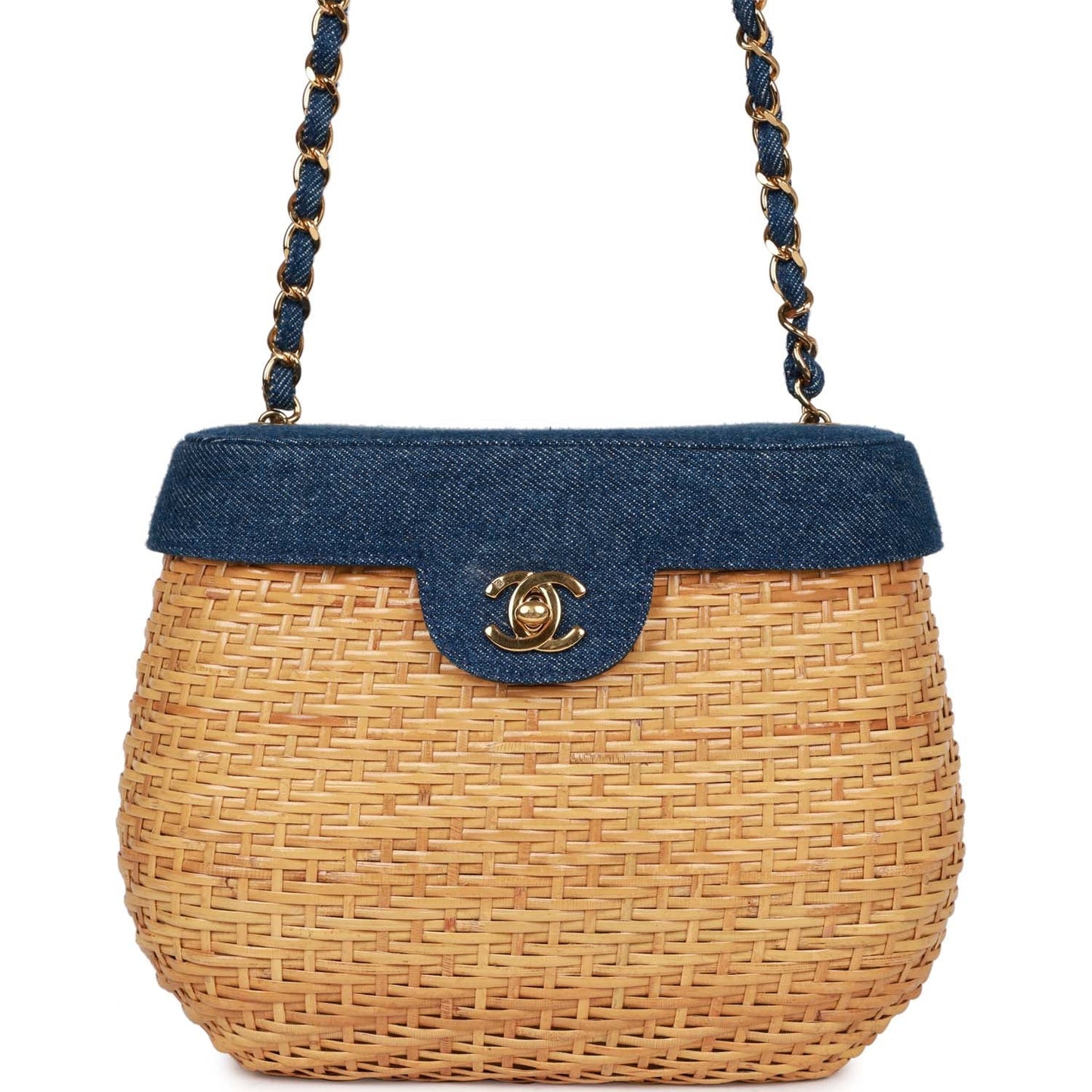 Chanel Vintage Basket Bag Denim and Rattan Wicker Gold Hardware