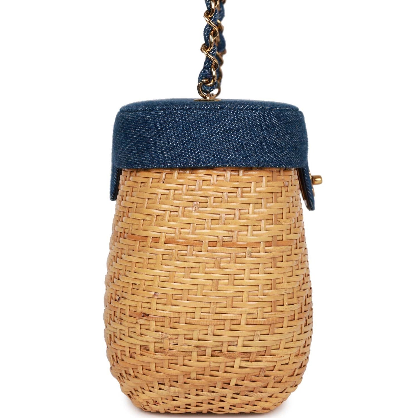 Chanel Vintage Basket Bag Denim and Rattan Wicker Gold Hardware