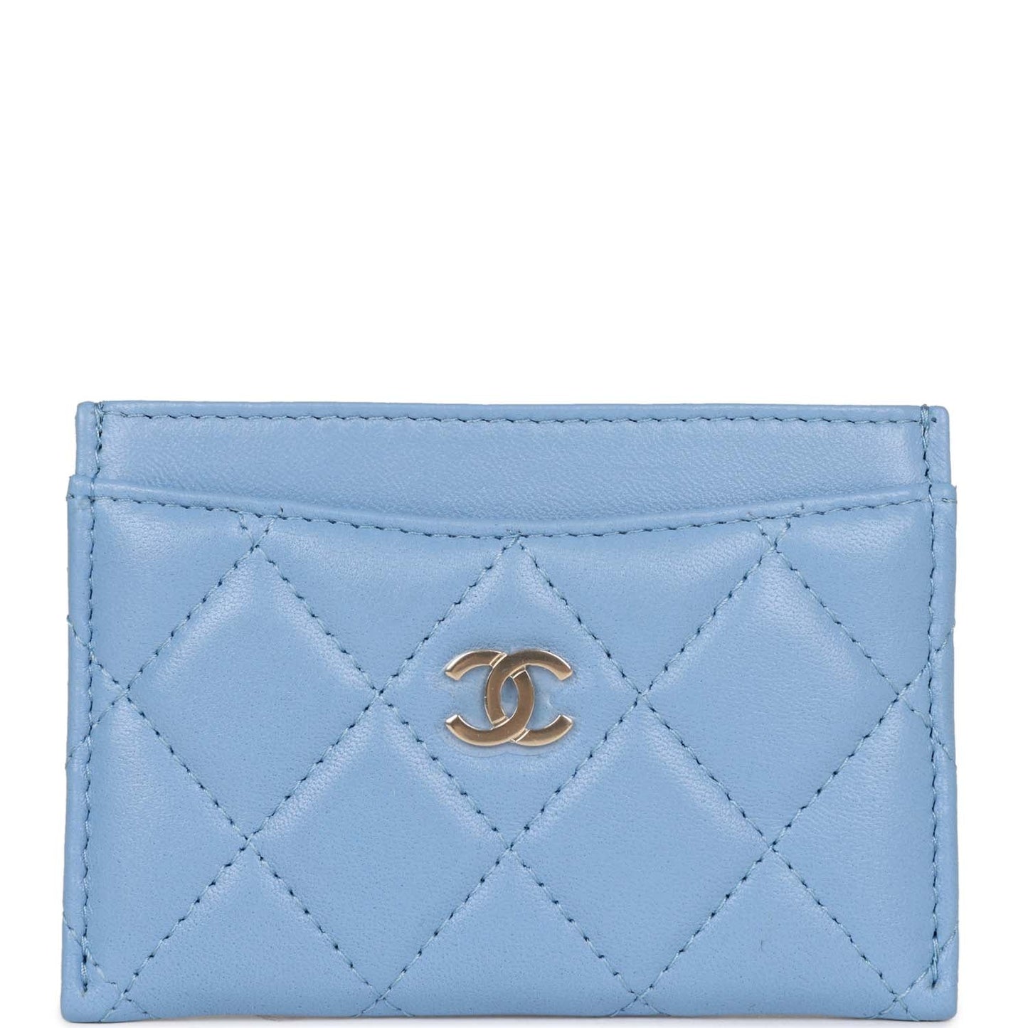 Chanel Flap Card Holder Wallet Blue Lambskin Light Gold Hardware