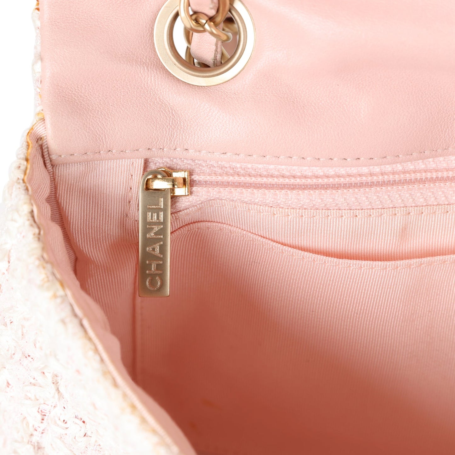 Chanel Medium Single Flap Bag Pink and White Tweed Brushed Gold Hardware