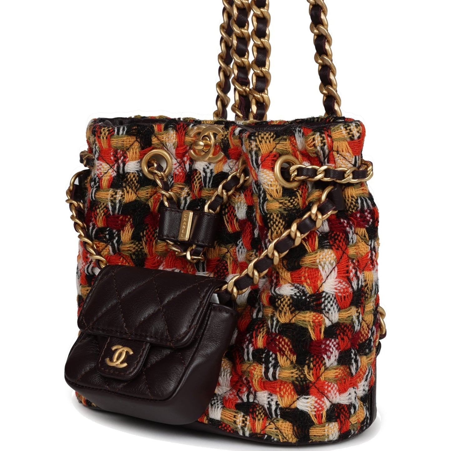 Chanel Small Drawstring Backpack Multicolored Tweed Antique Gold Hardware