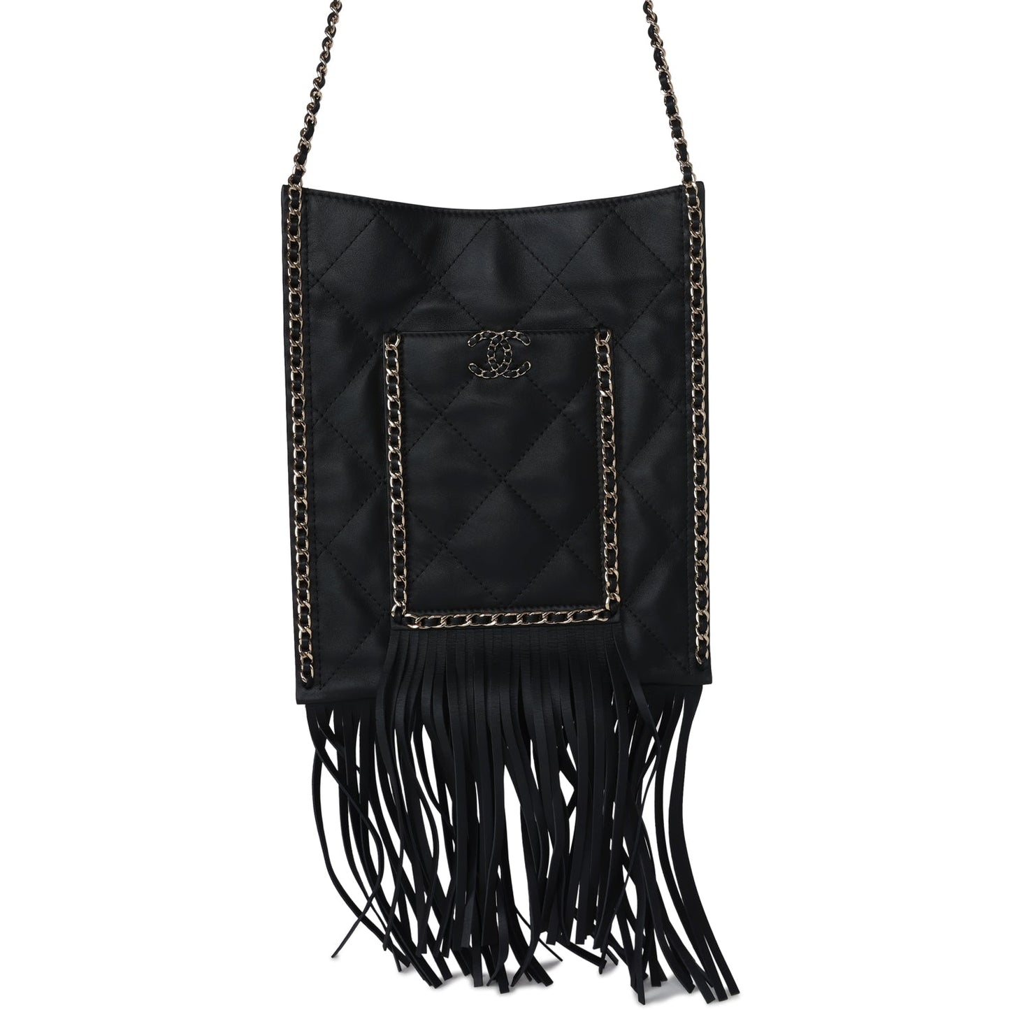 Chanel Small CC Fringe Shopping Bag Black Calfskin Light Gold Hardware