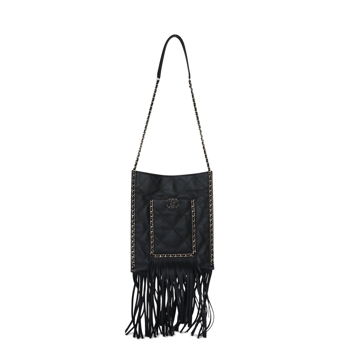 Chanel Small CC Fringe Shopping Bag Black Calfskin Light Gold Hardware