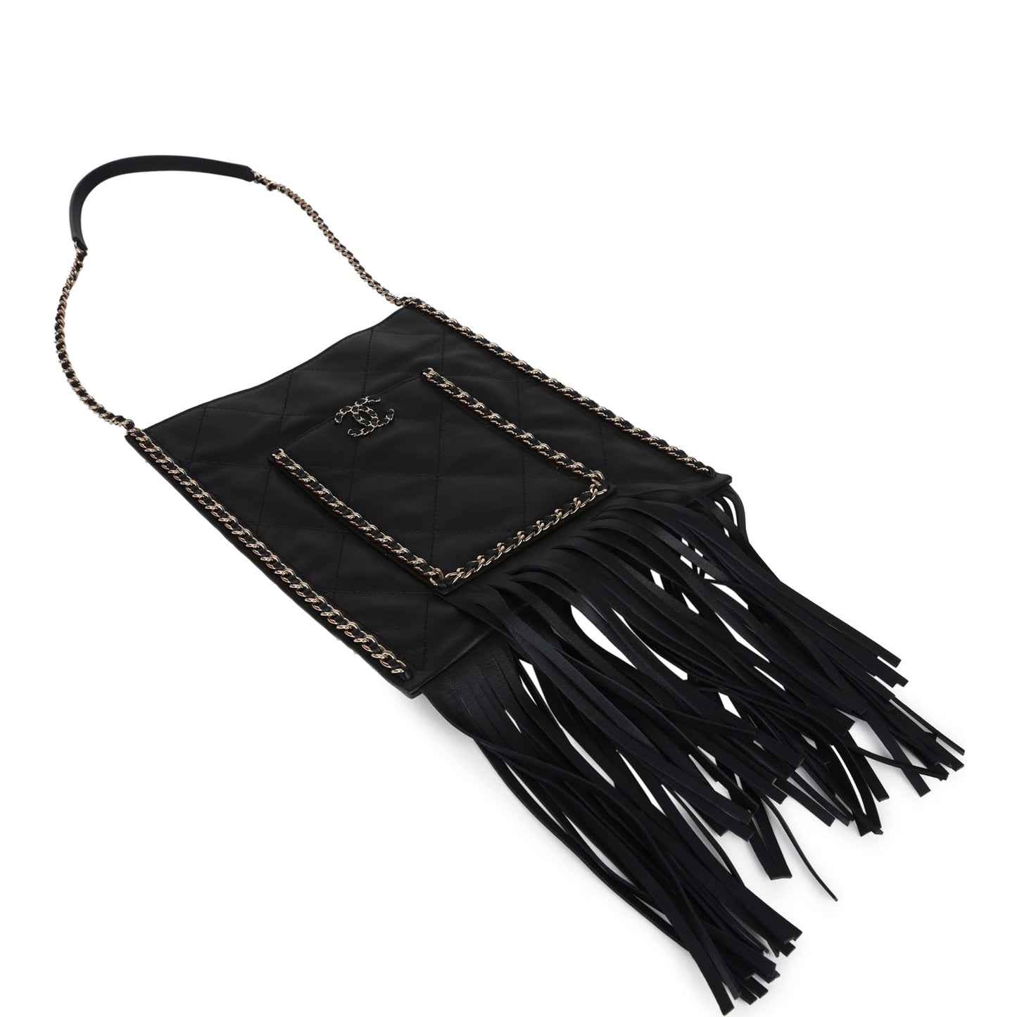 Chanel Small CC Fringe Shopping Bag Black Calfskin Light Gold Hardware
