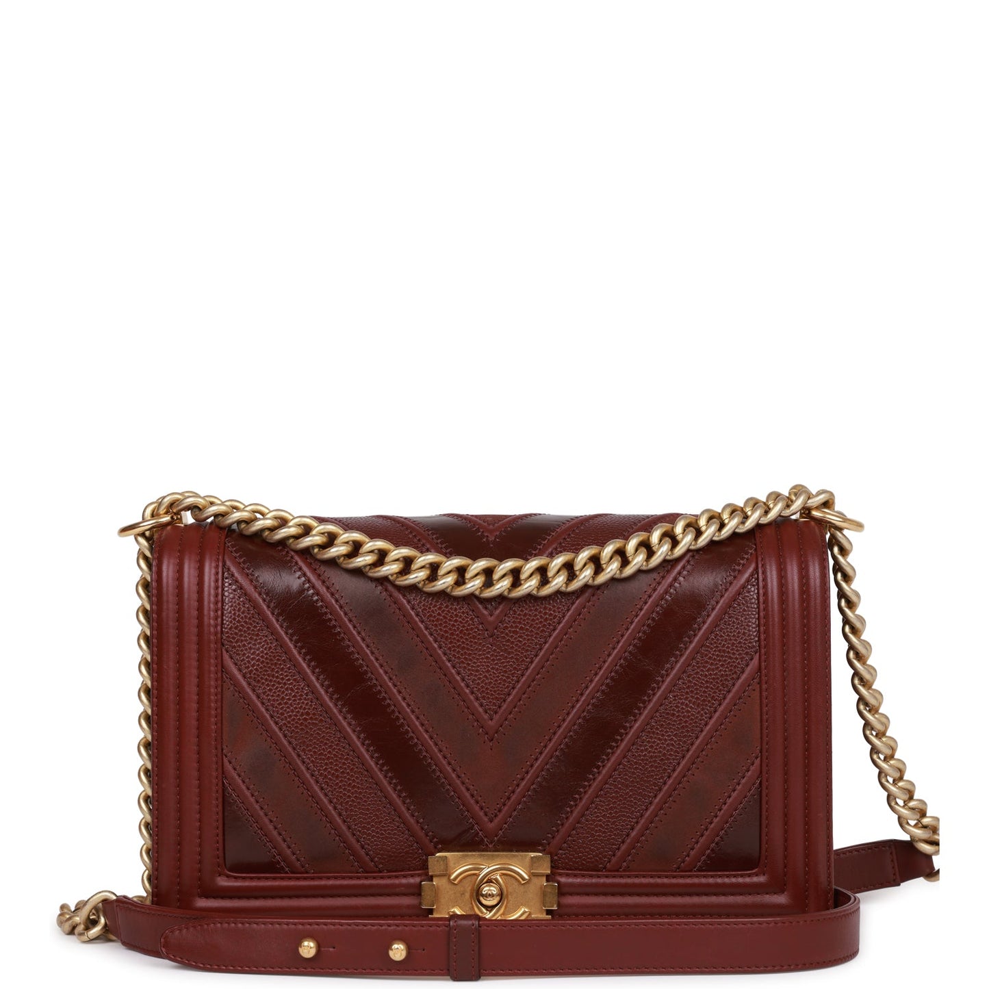 Chanel New Medium Boy Bag Burgundy Chevron Antique Gold Hardware