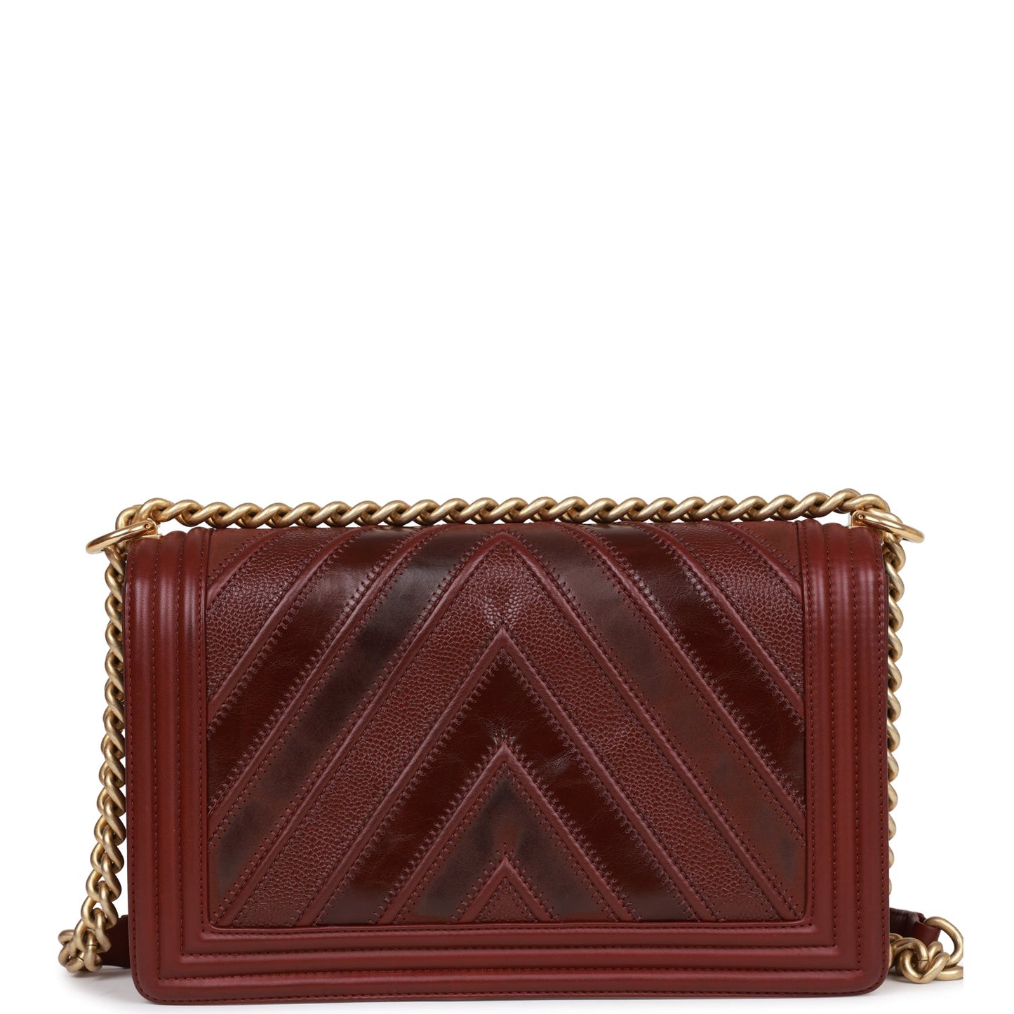 Chanel New Medium Boy Bag Burgundy Chevron Antique Gold Hardware