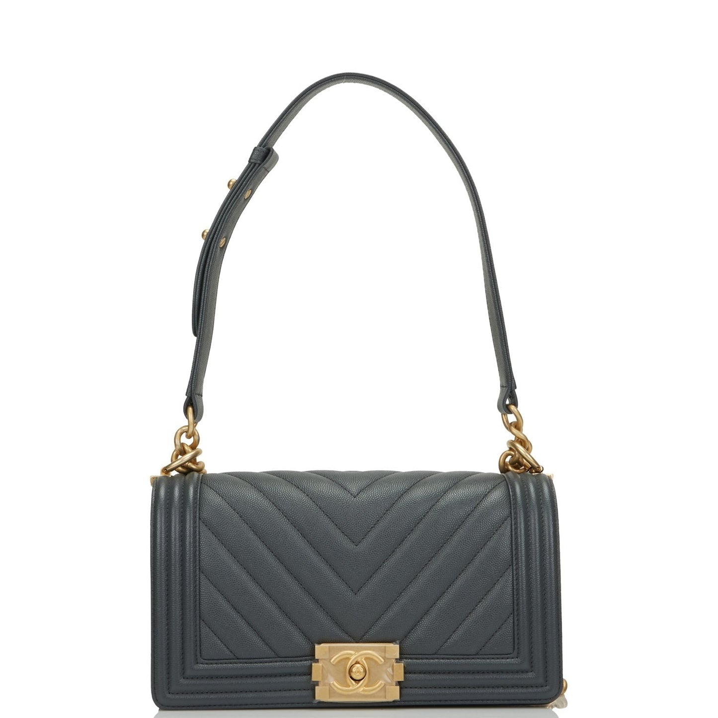 Chanel Medium Boy Bag Dark Grey Chevron Caviar Antique Gold Hardware