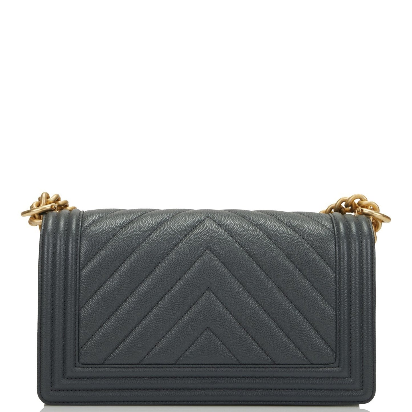 Chanel Medium Boy Bag Dark Grey Chevron Caviar Antique Gold Hardware
