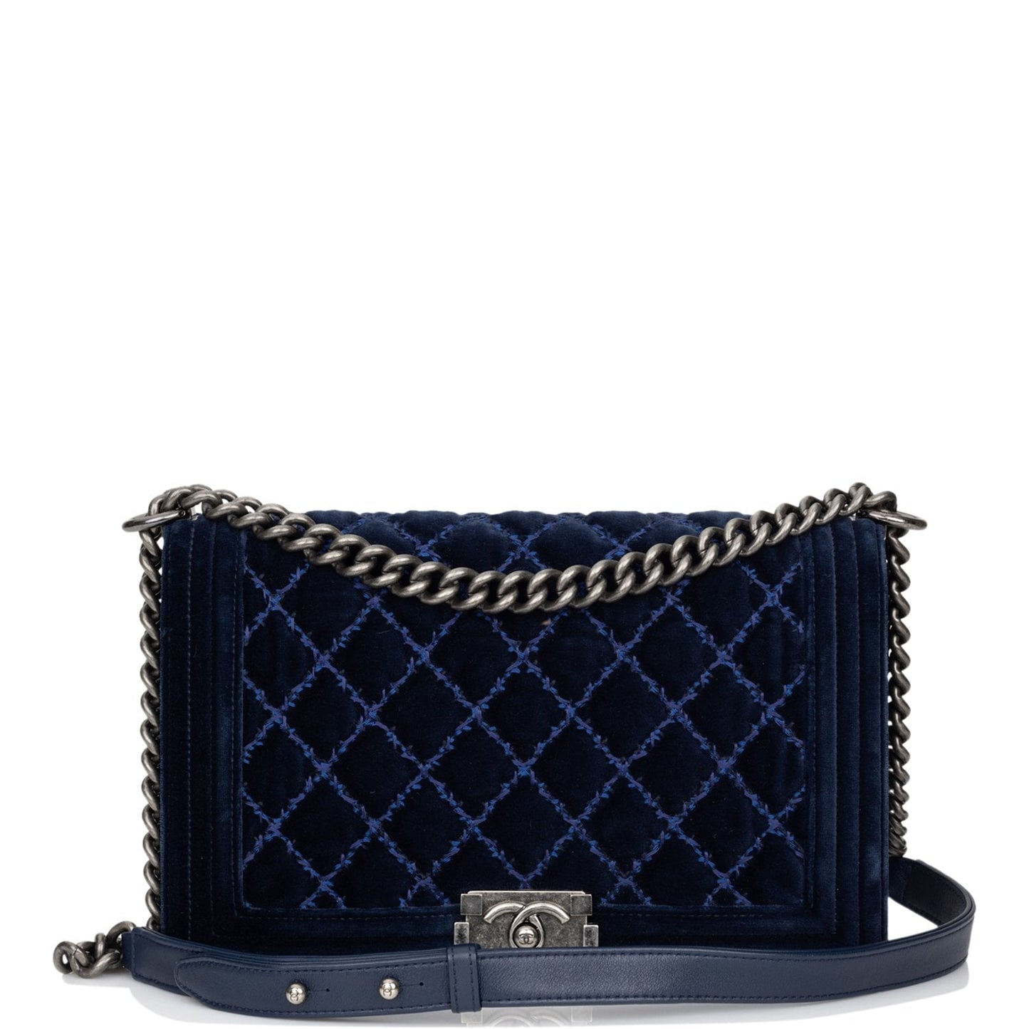 Chanel Large Boy Bag Blue Velvet Ruthenium Hardware