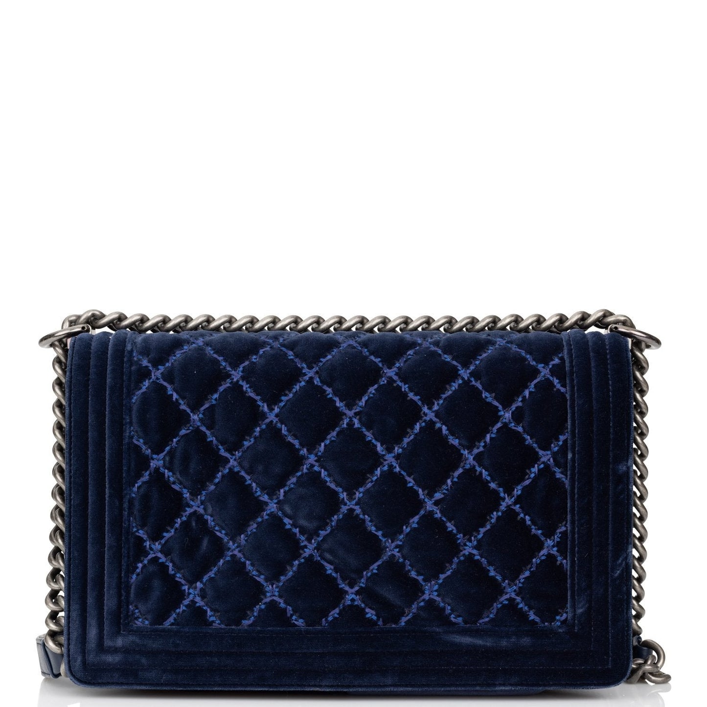 Chanel Large Boy Bag Blue Velvet Ruthenium Hardware