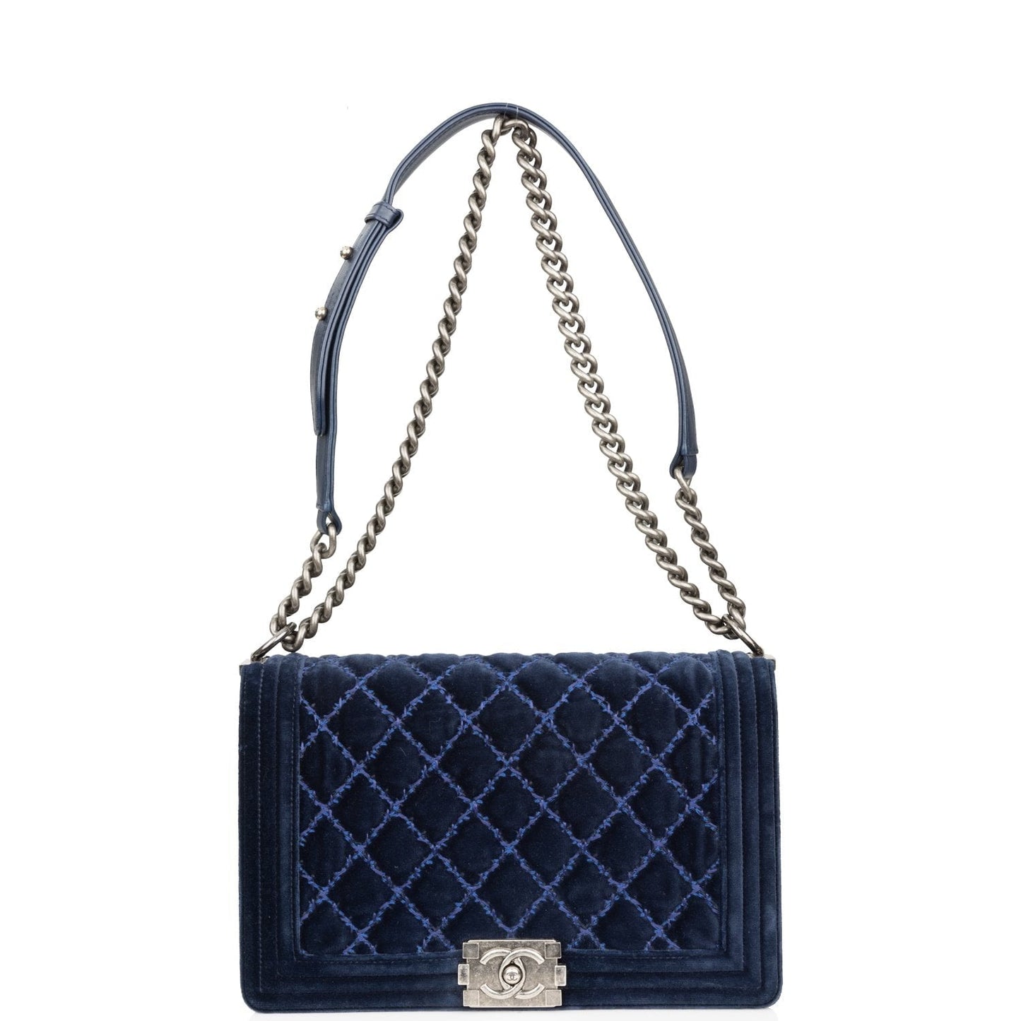 Chanel Large Boy Bag Blue Velvet Ruthenium Hardware
