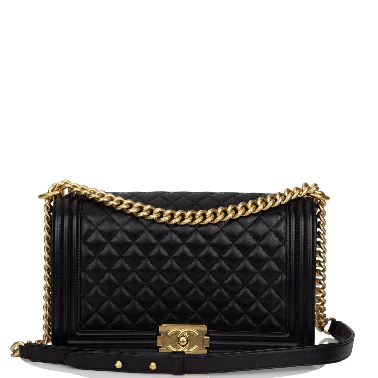 Chanel New Medium Boy Bag Black Lambskin Antique Gold Hardware