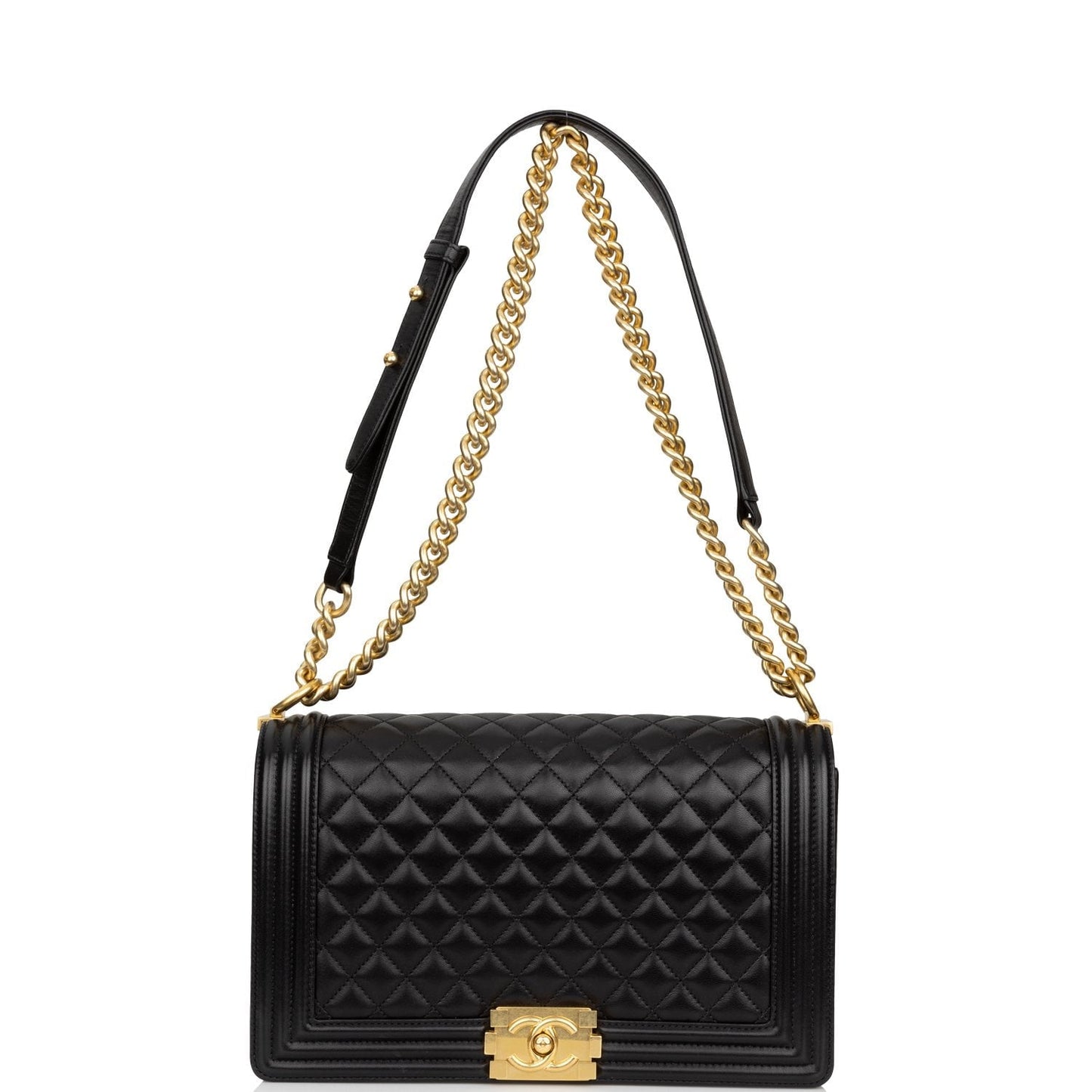 Chanel New Medium Boy Bag Black Lambskin Antique Gold Hardware
