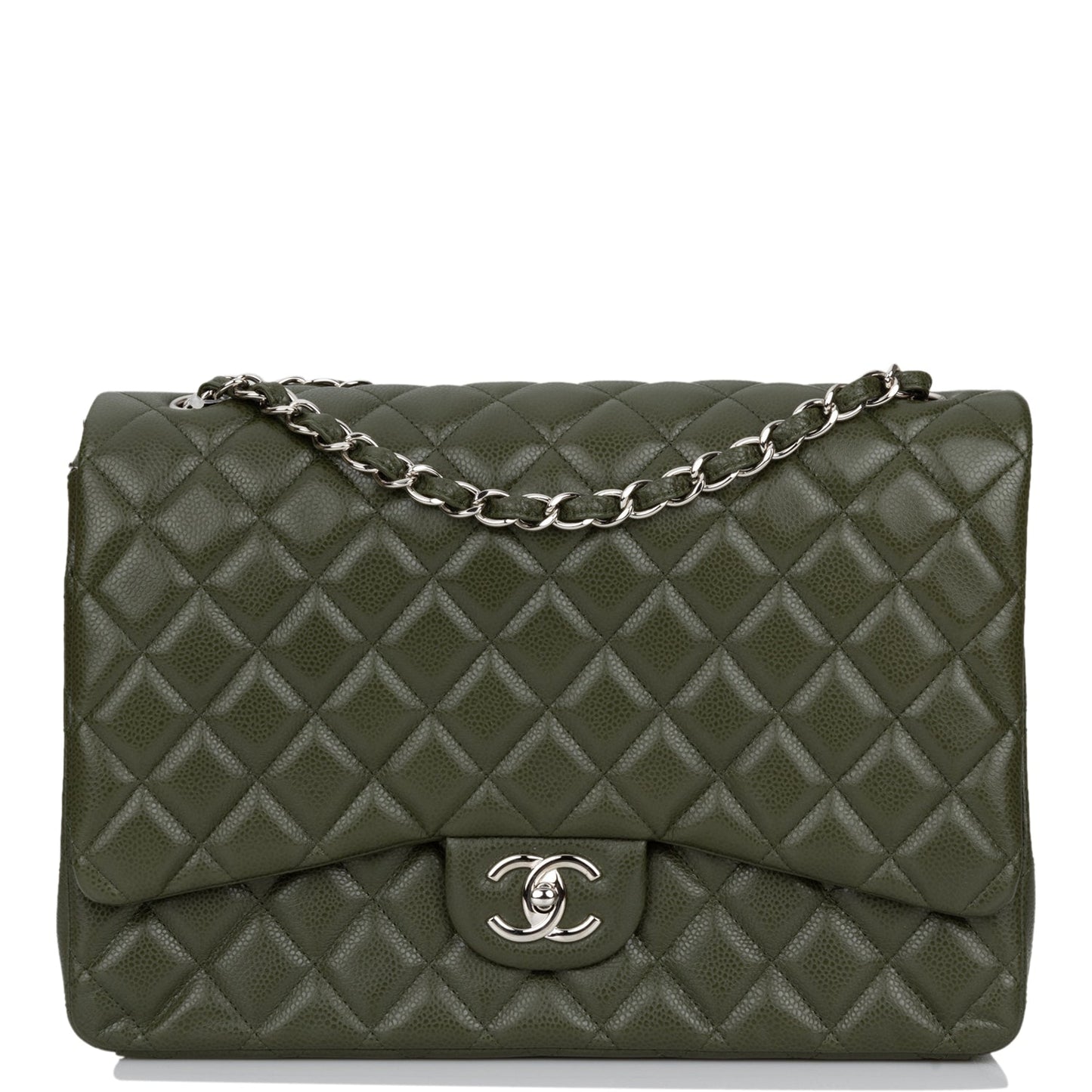 Chanel Maxi Classic Double Flap Bag Dark Green Caviar Silver Hardware