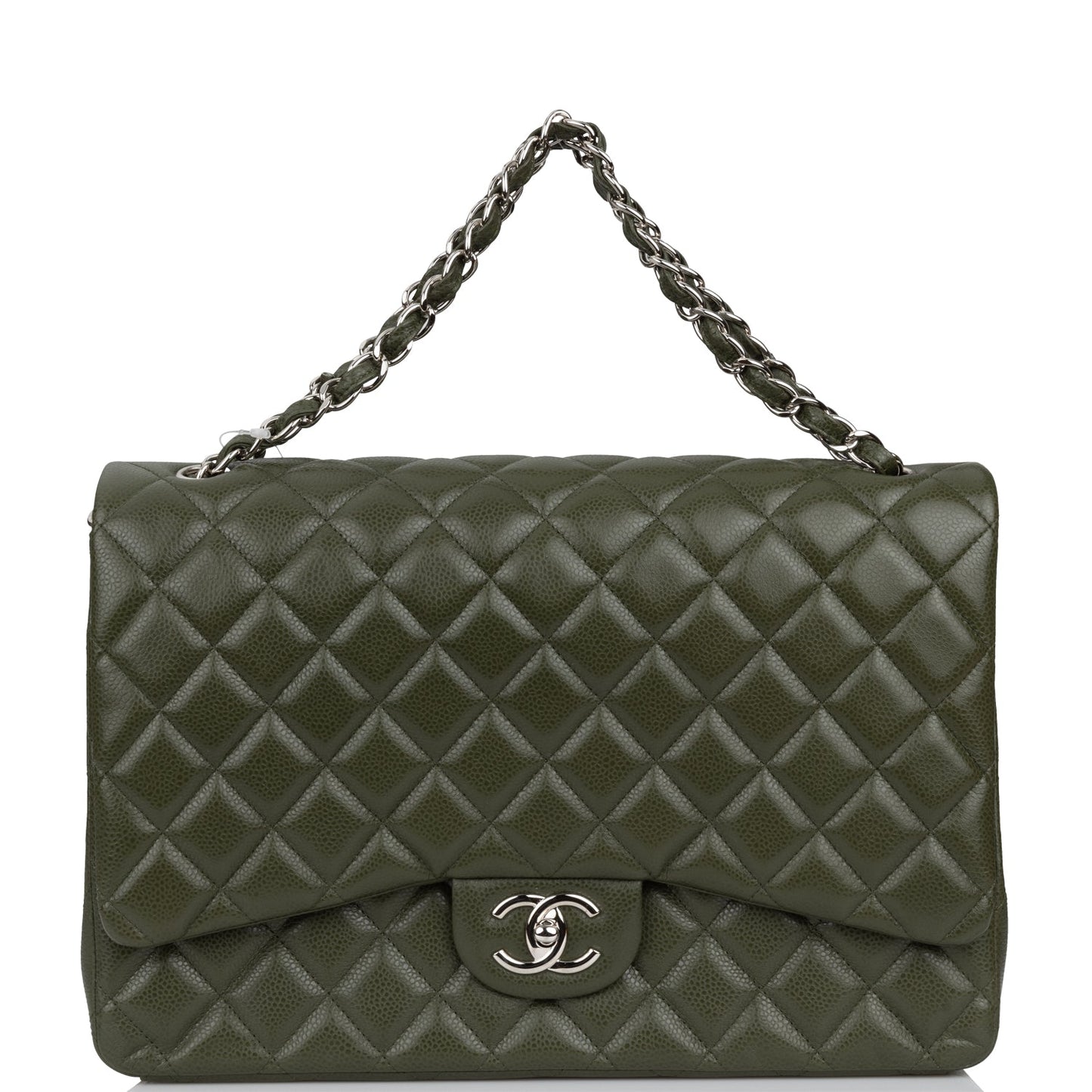 Chanel Maxi Classic Double Flap Bag Dark Green Caviar Silver Hardware