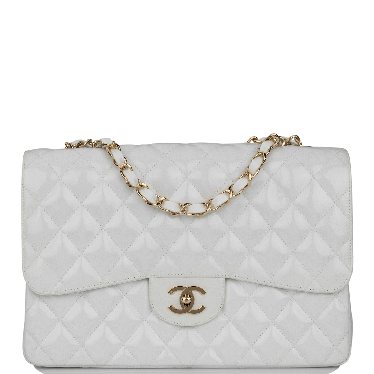Chanel Jumbo Classic Single Flap Bag White Glitter Patent Leather Gold Hardware