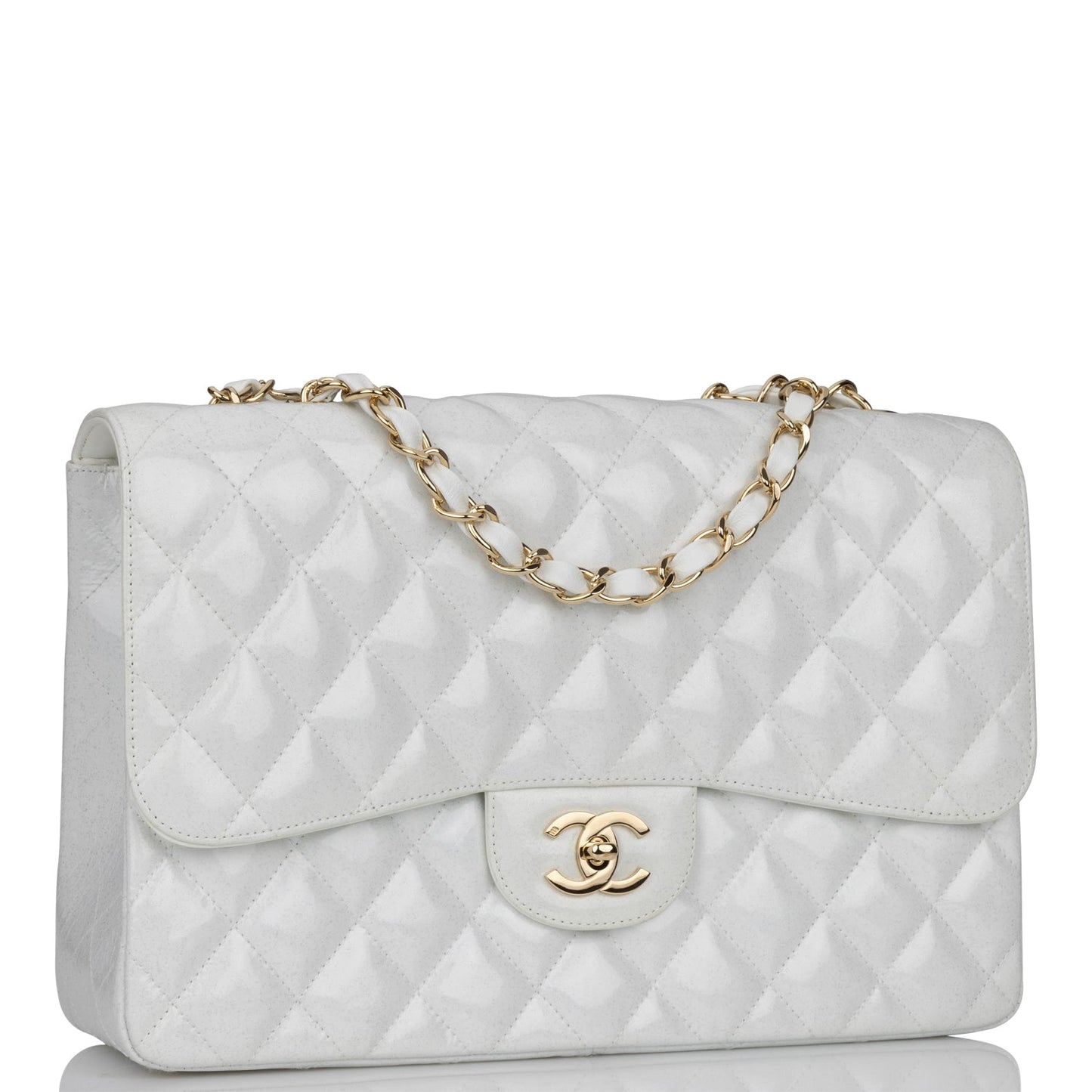 Chanel Jumbo Classic Single Flap Bag White Glitter Patent Leather Gold Hardware
