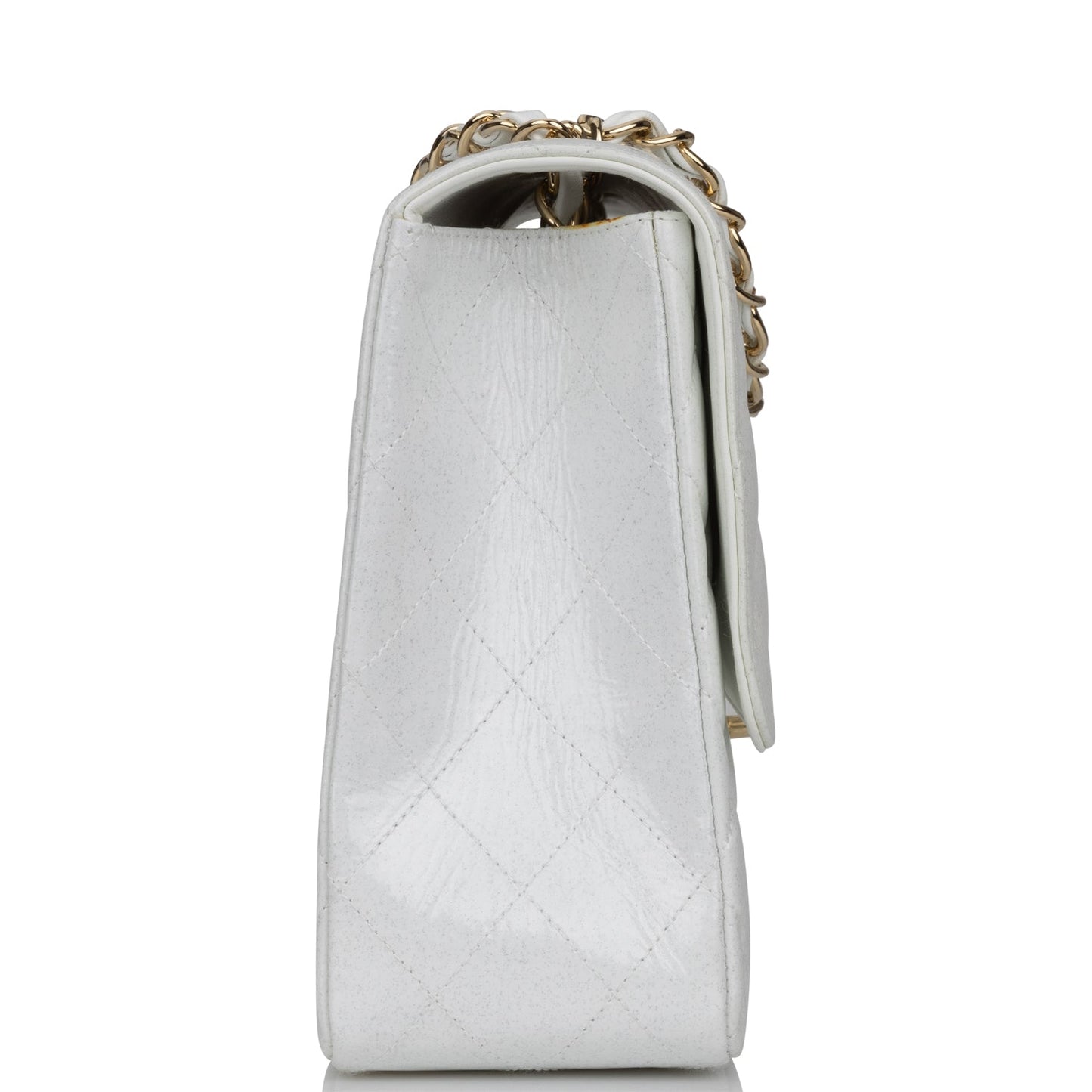 Chanel Jumbo Classic Single Flap Bag White Glitter Patent Leather Gold Hardware