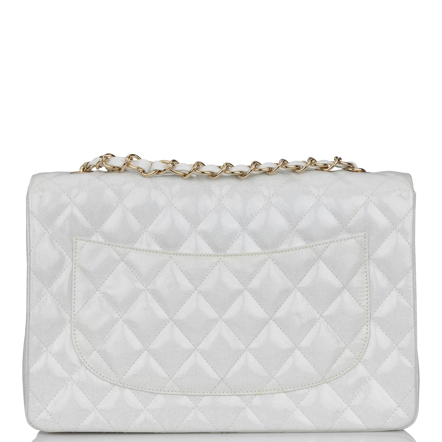 Chanel Jumbo Classic Single Flap Bag White Glitter Patent Leather Gold Hardware