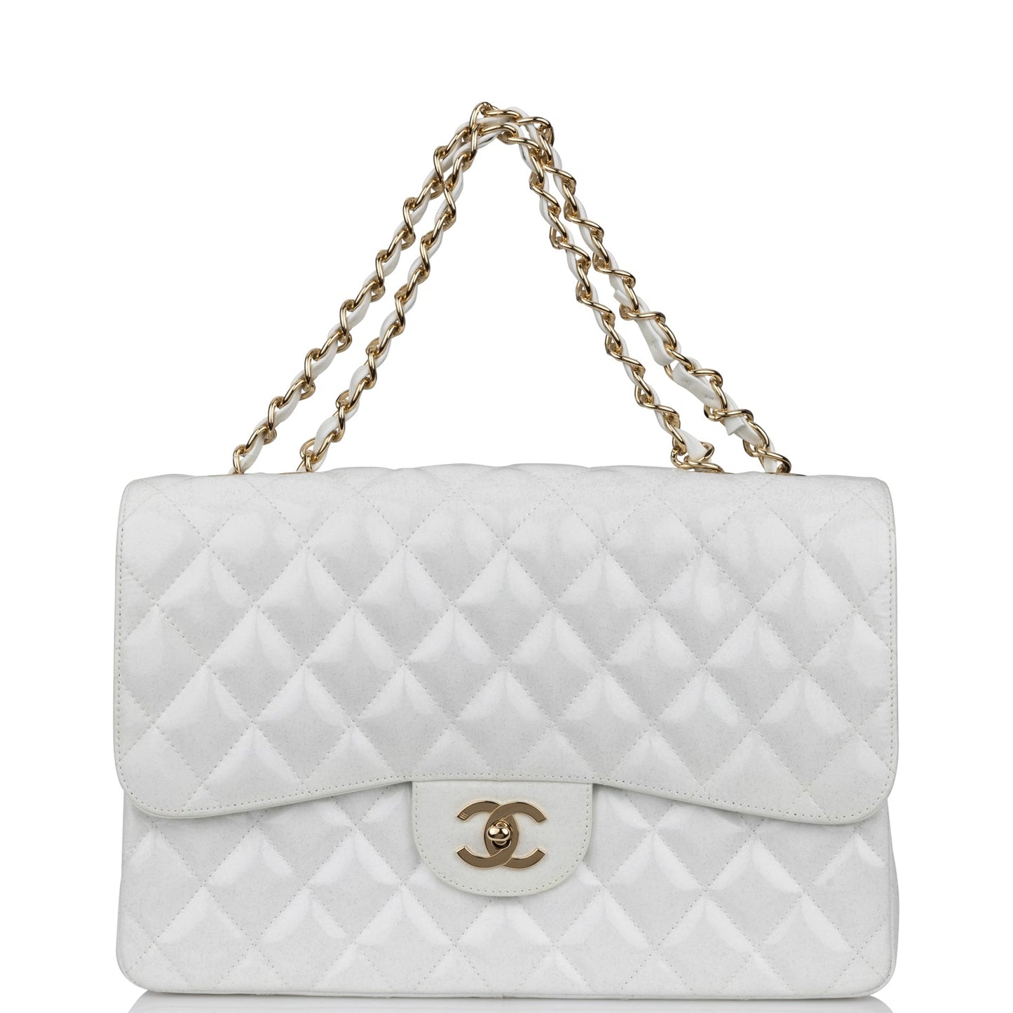 Chanel Jumbo Classic Single Flap Bag White Glitter Patent Leather Gold Hardware