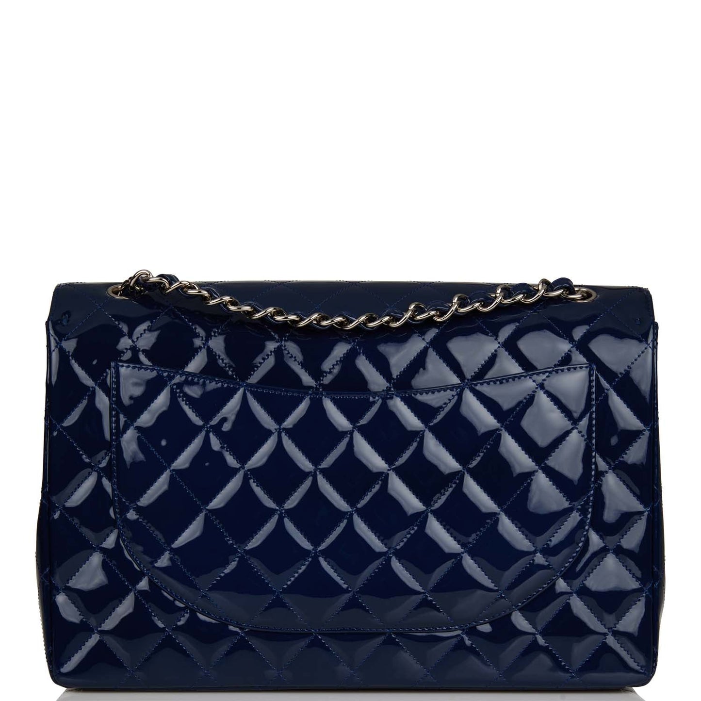 Chanel Maxi Classic Single Flap Bag Dark Blue Patent Silver Hardware