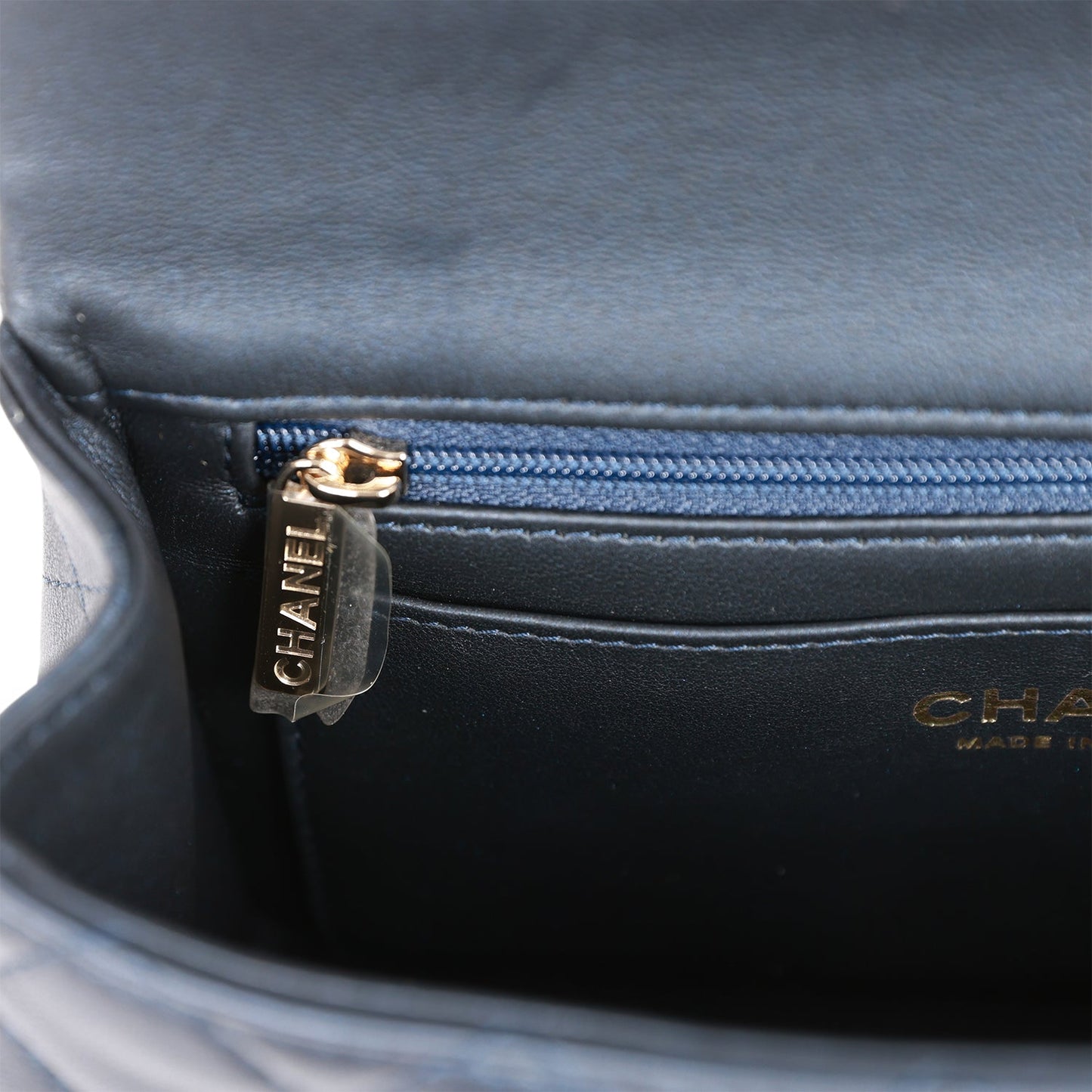 Chanel Mini Rectangular Flap Bag with Top Handle Dark Blue Lambskin Light Gold Hardware