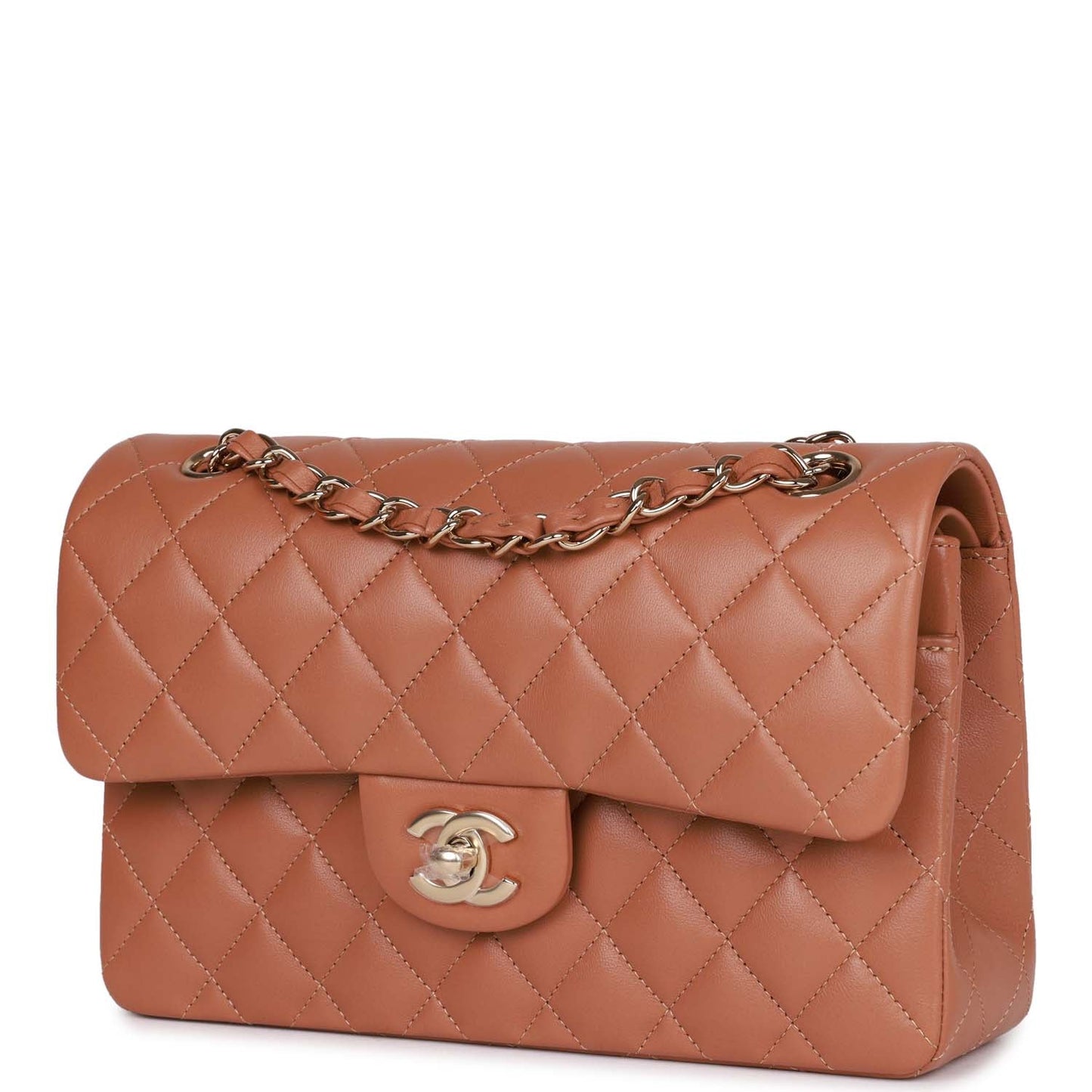Chanel Small Classic Double Flap Bag Caramel Brown Lambskin Light Gold Hardware