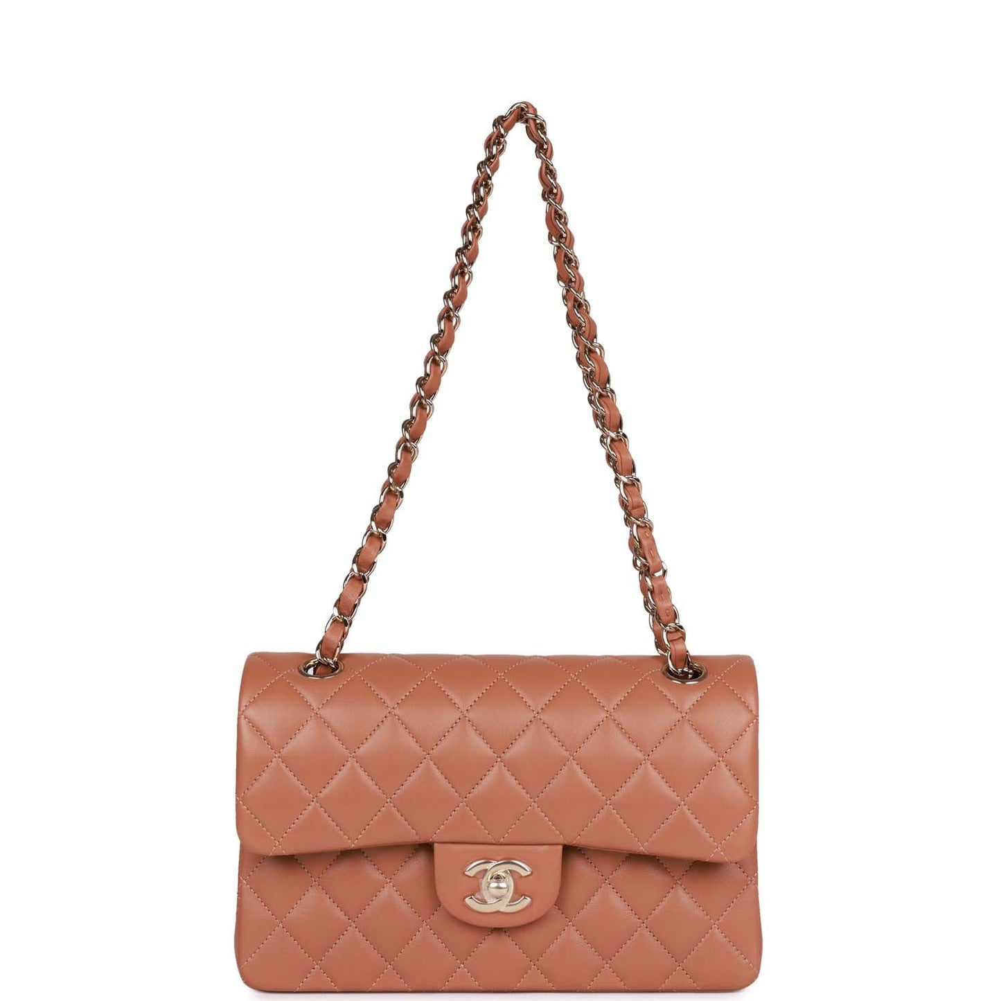 Chanel Small Classic Double Flap Bag Caramel Brown Lambskin Light Gold Hardware