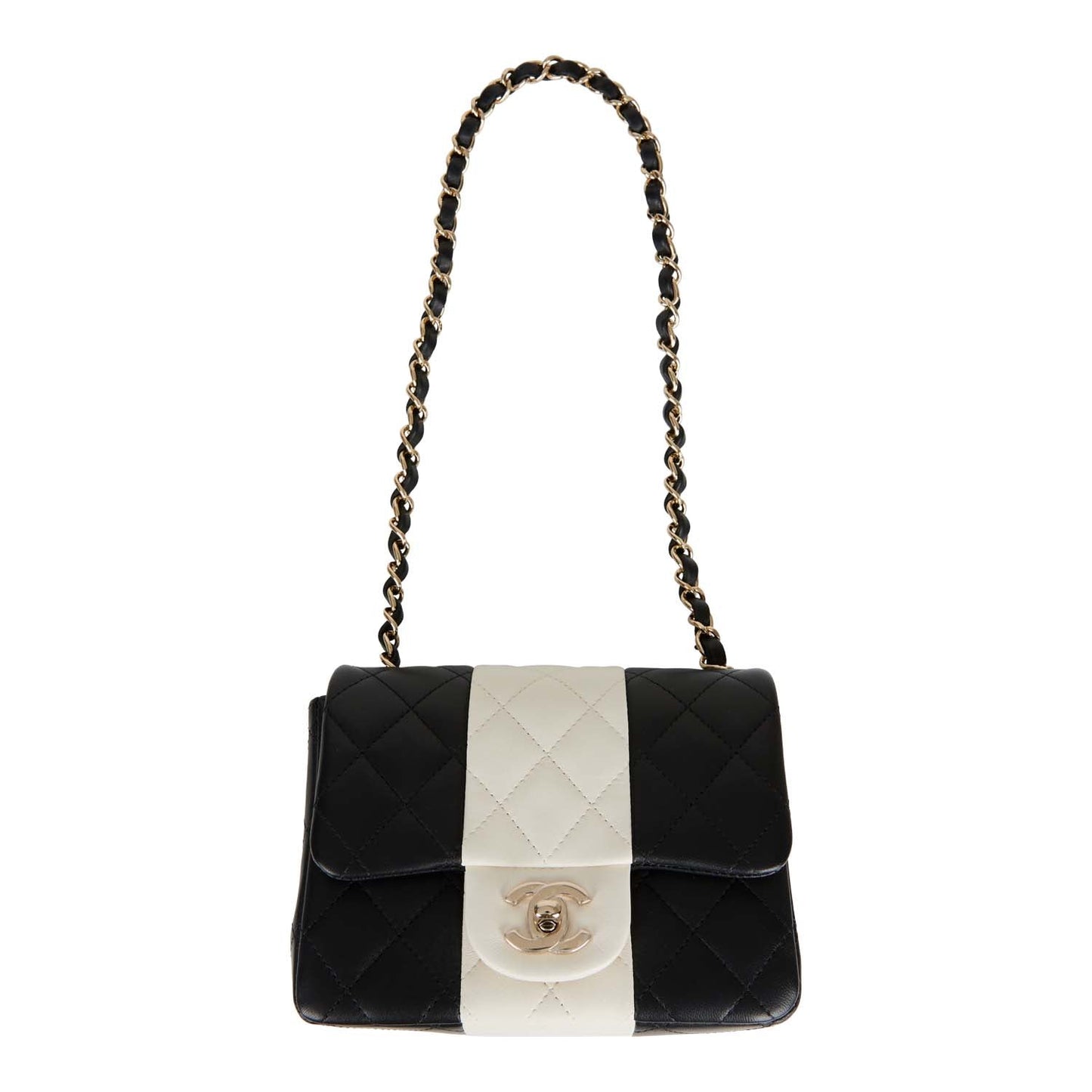 Chanel Mini Square Flap Bag Black and White Lambskin Light Gold Hardware