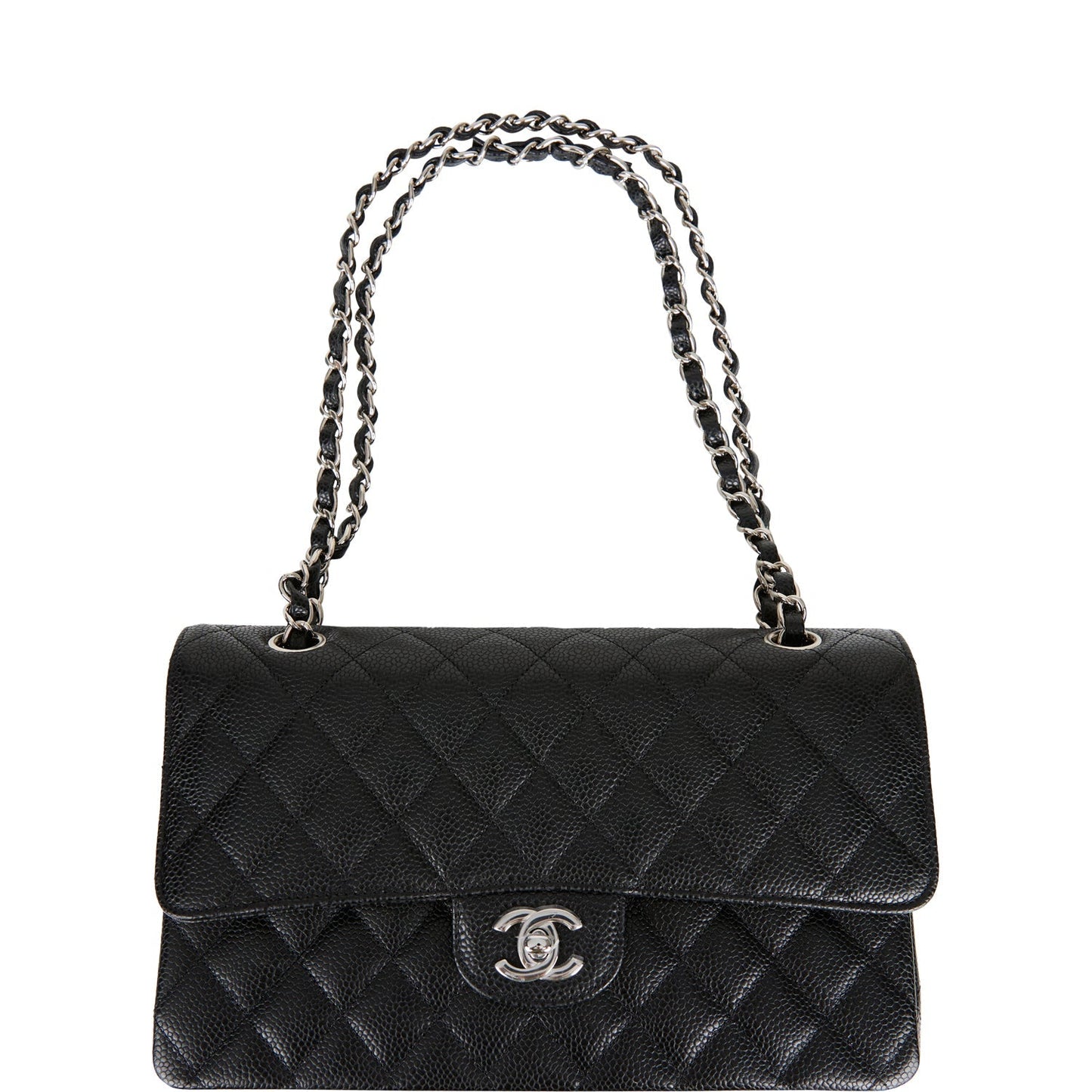 Chanel Medium Classic Double Flap Bag Black Quilted Caviar Silver Hardware